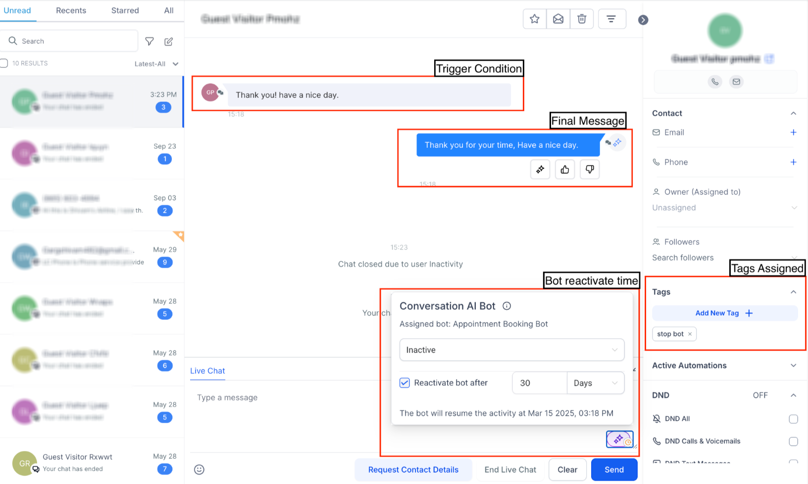 Control Automated Replies with Stop Conditions – Set a time duration if reactivation is enabled