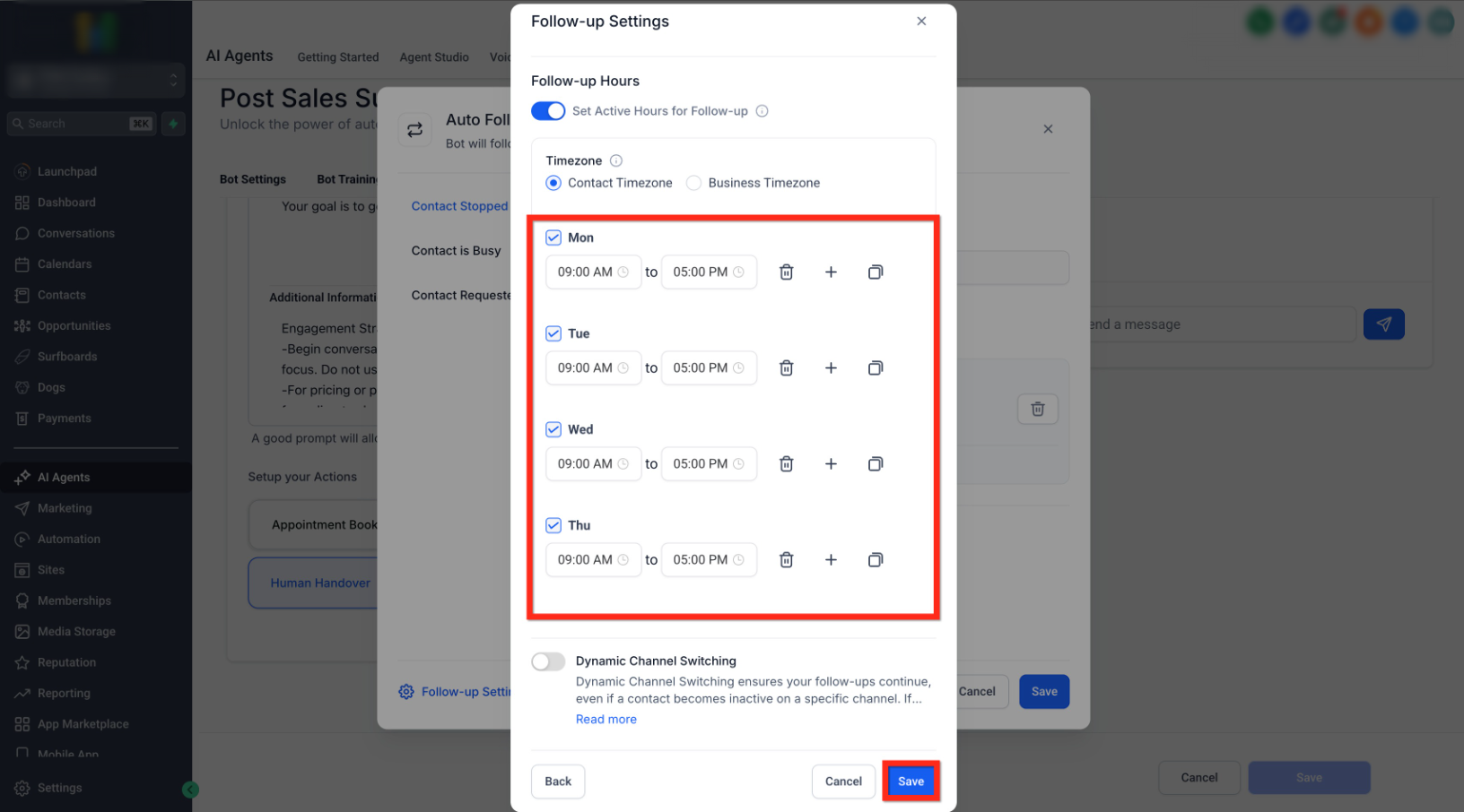 Conversation AI – Auto Follow-Up Action – If disabled, messages will be sent regardless of time.