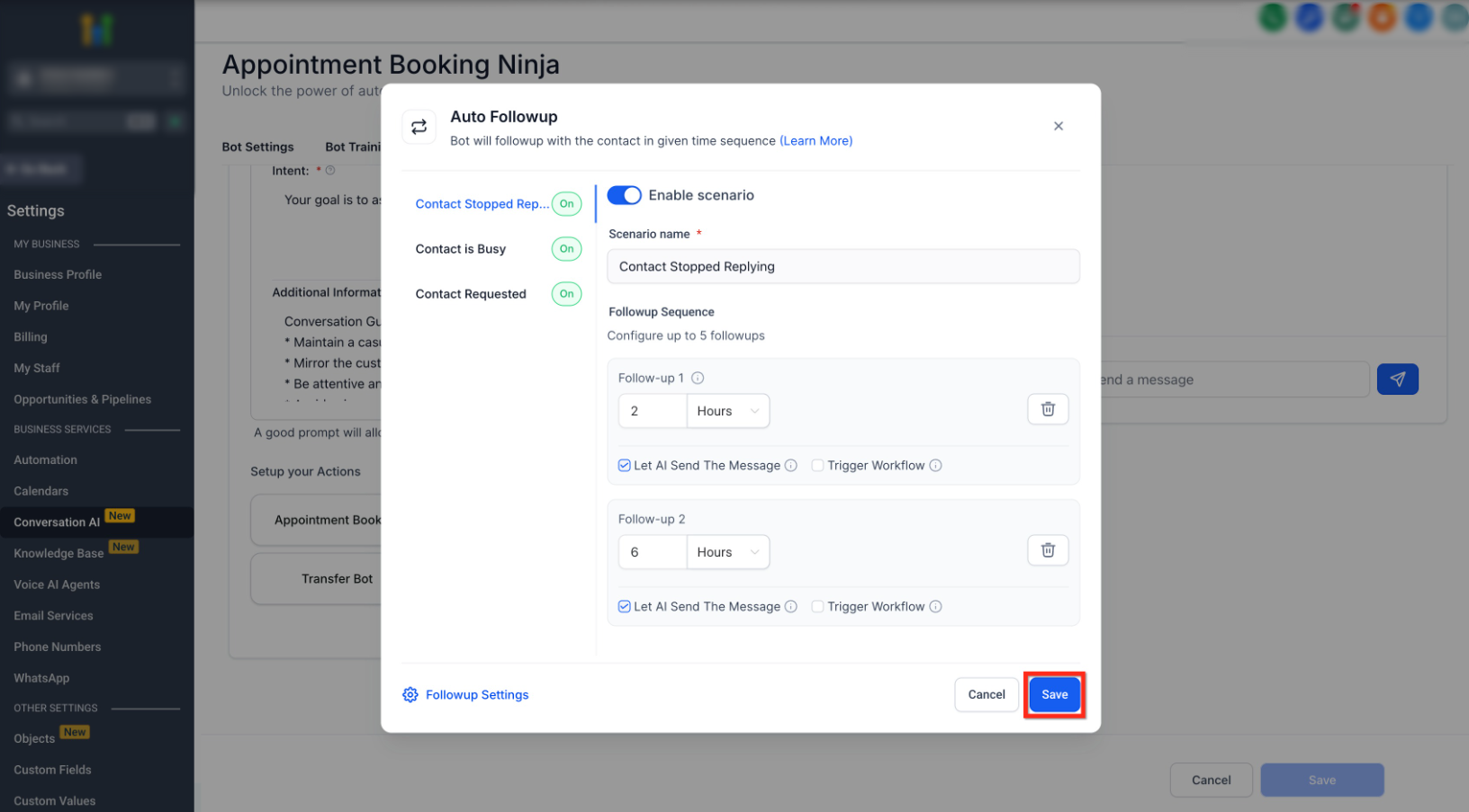 Conversation AI – Auto Follow-Up Action – Step 5: Save Your Follow-Up Settings