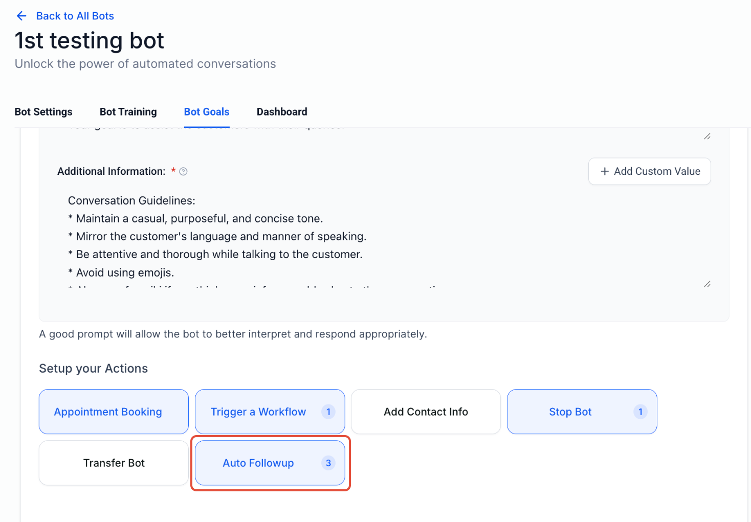 Conversation AI Auto Follow-up – Step 1: Navigate to the Bot Goals Tab