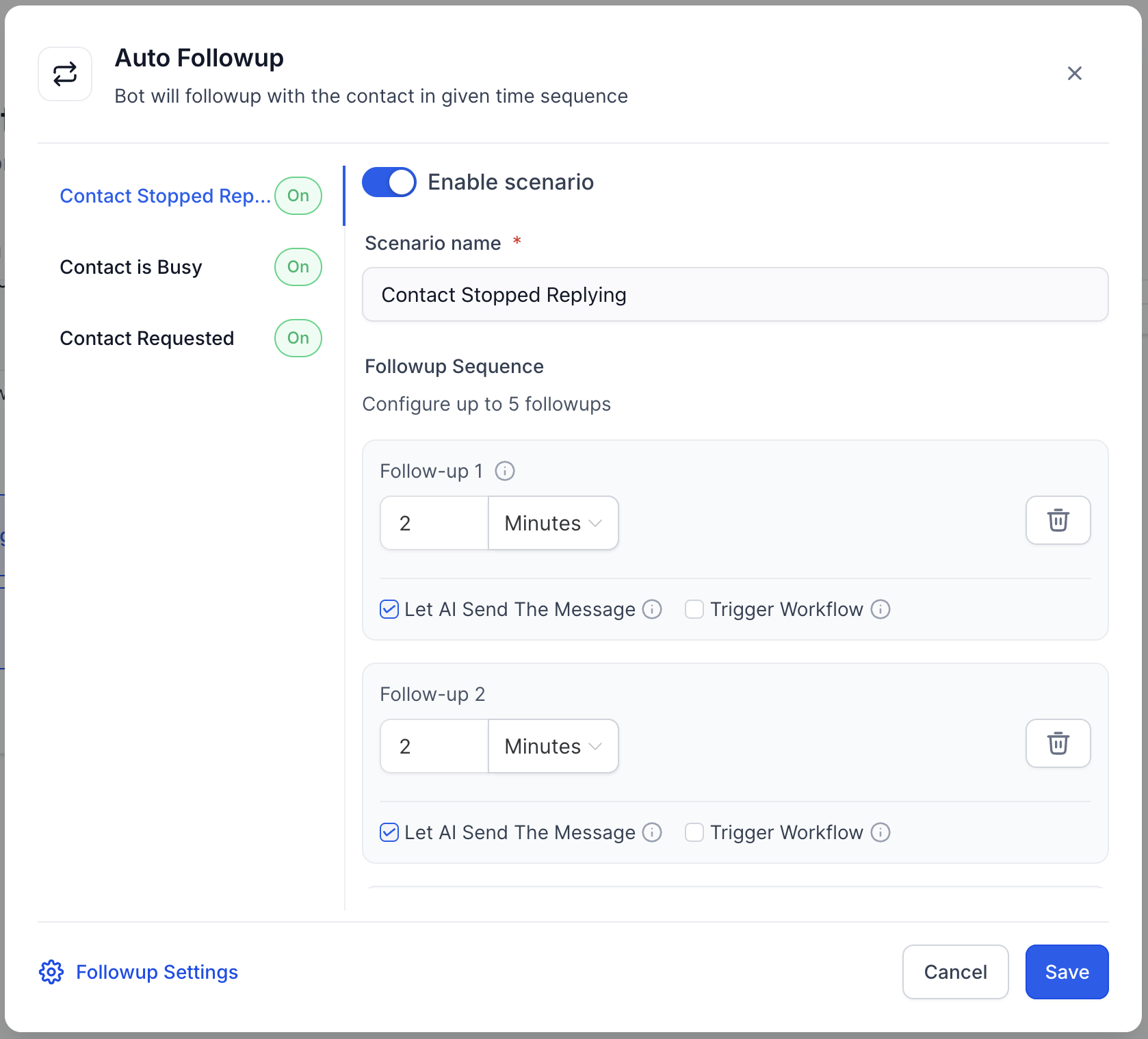 Conversation AI Auto Follow-up – Step 2: View and Enable Predefined Scenarios