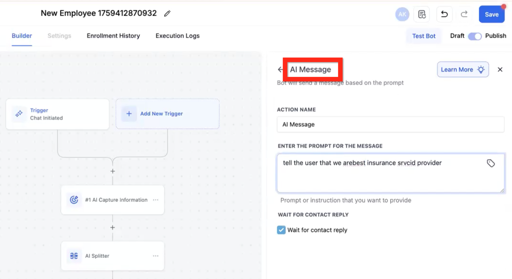 Conversation AI Flow Builder – AI Action - AI Message