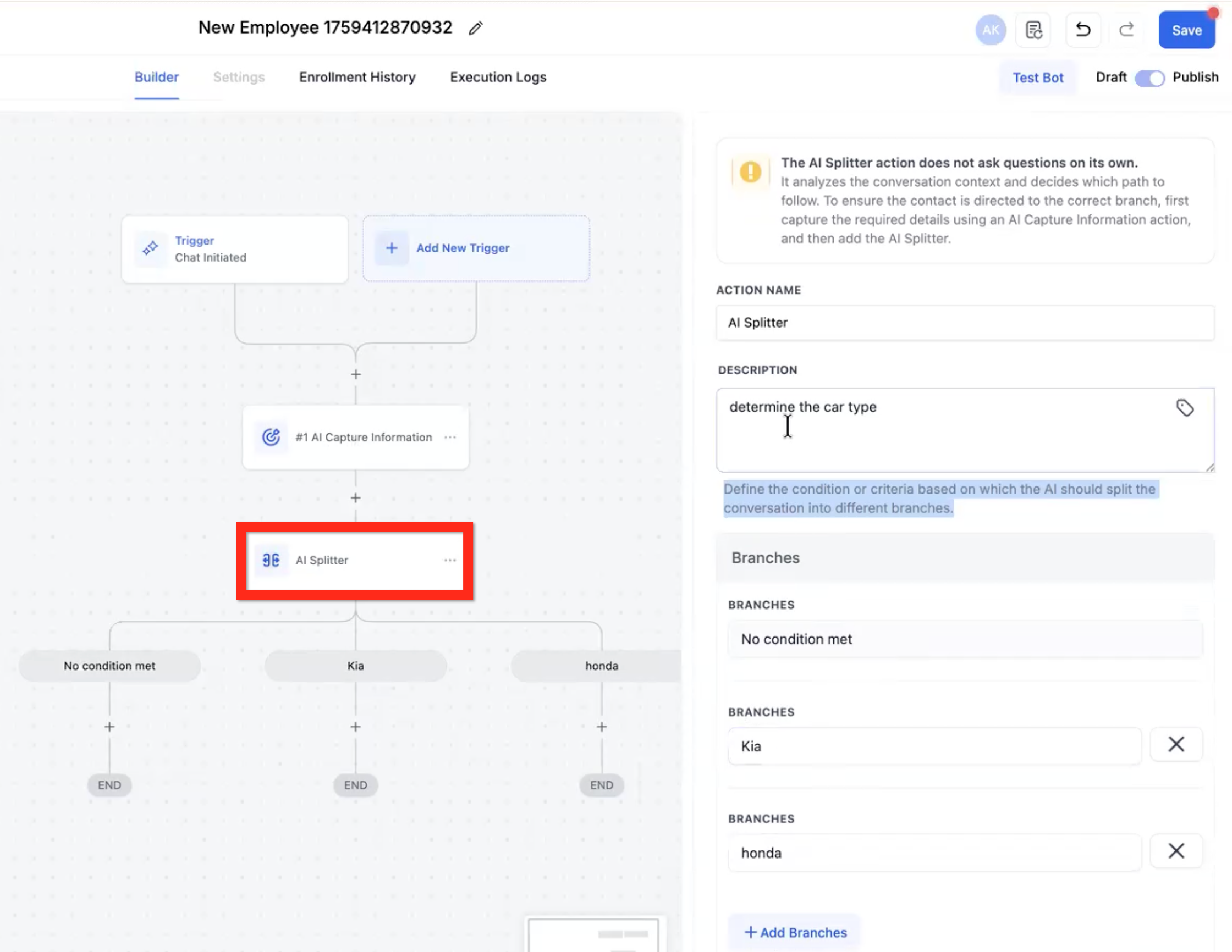 Conversation AI Flow Builder – AI Action - AI Splitter