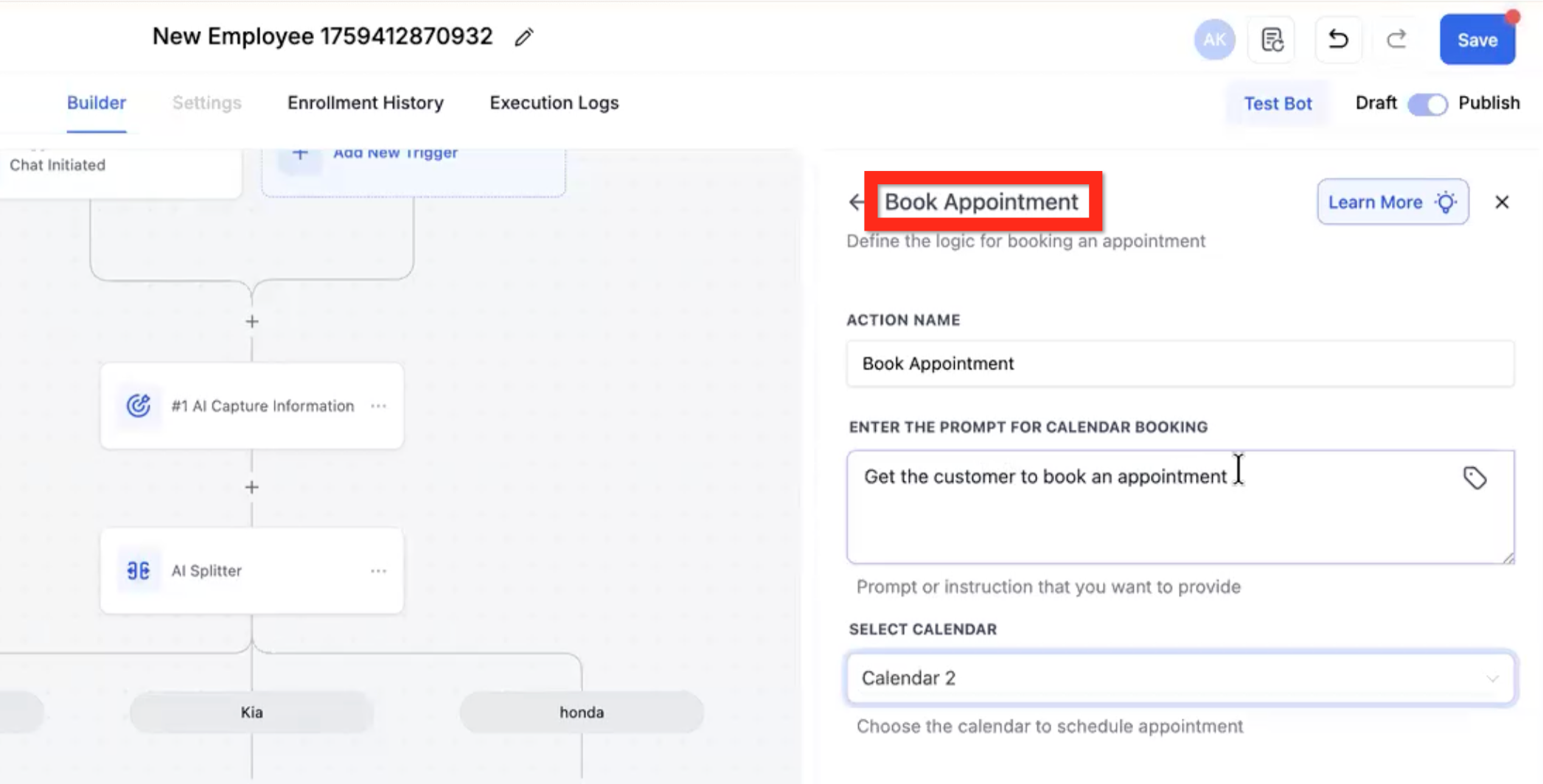 Conversation AI Flow Builder – AI Action - Book Appointment