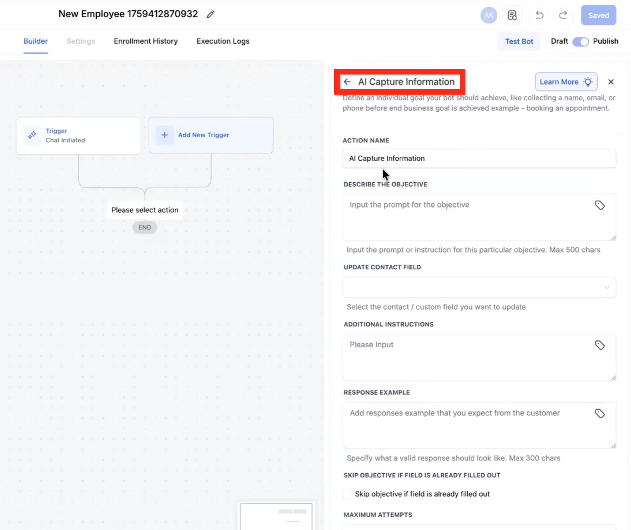 Conversation AI Flow Builder – AI Action - Capture Information (Qualify)
