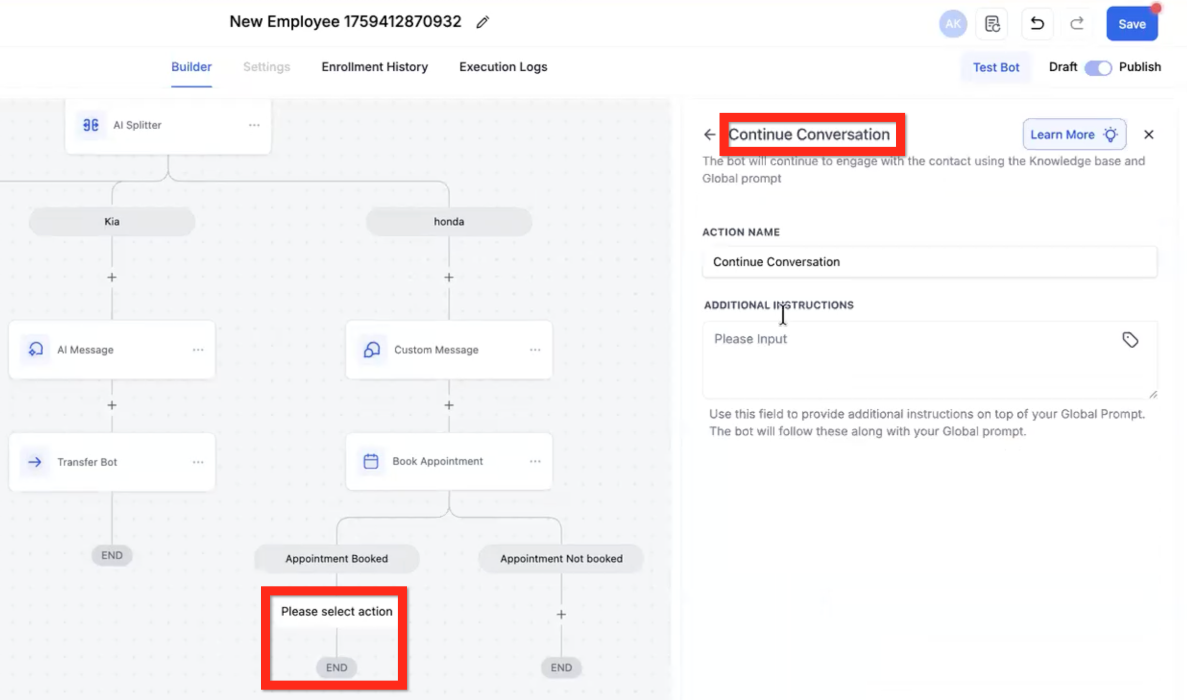 Conversation AI Flow Builder – AI Action - Continue Conversation