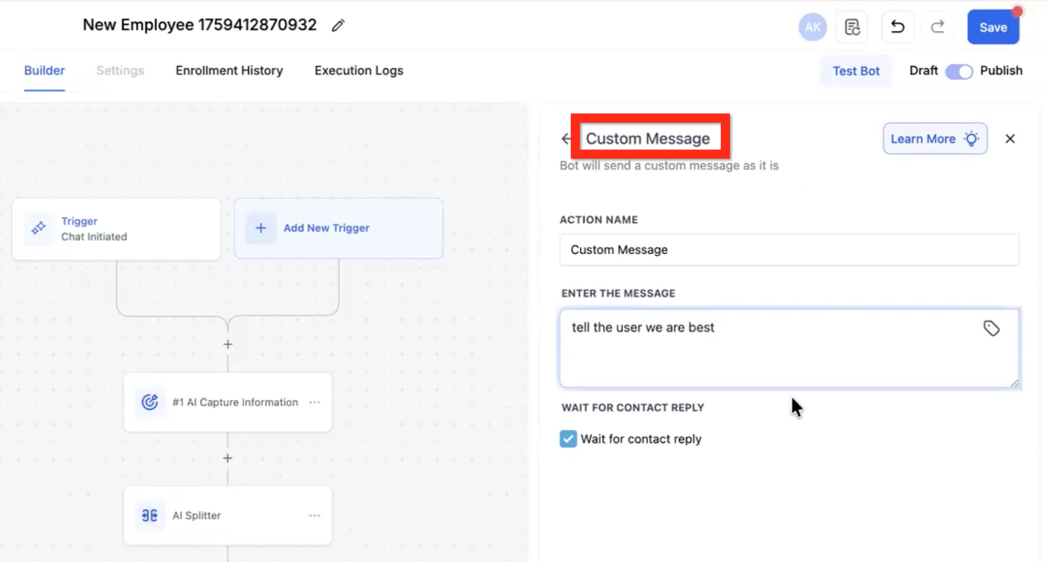 Conversation AI Flow Builder – AI Action - Custom Message