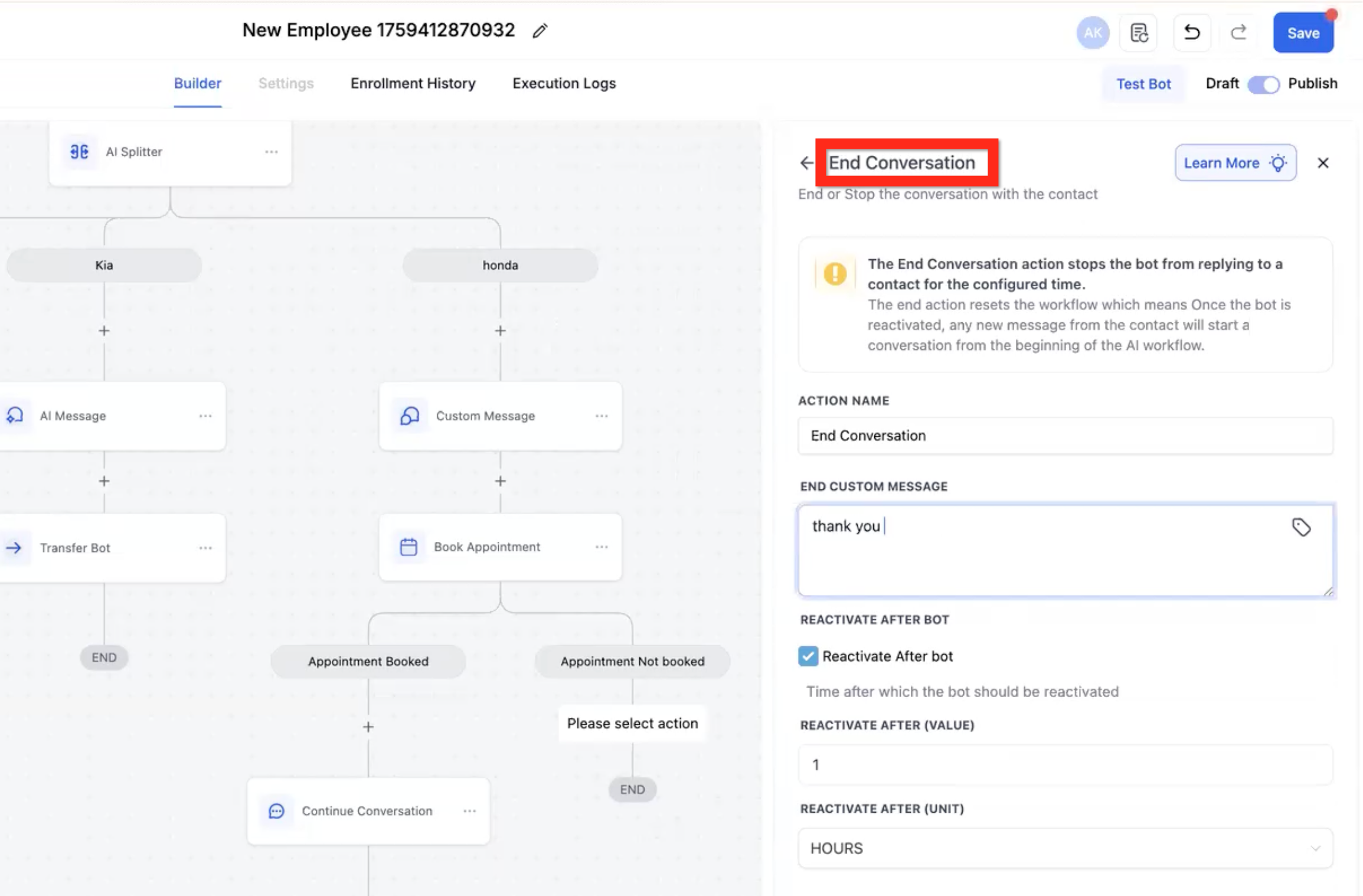 Conversation AI Flow Builder – AI Action - End Conversation