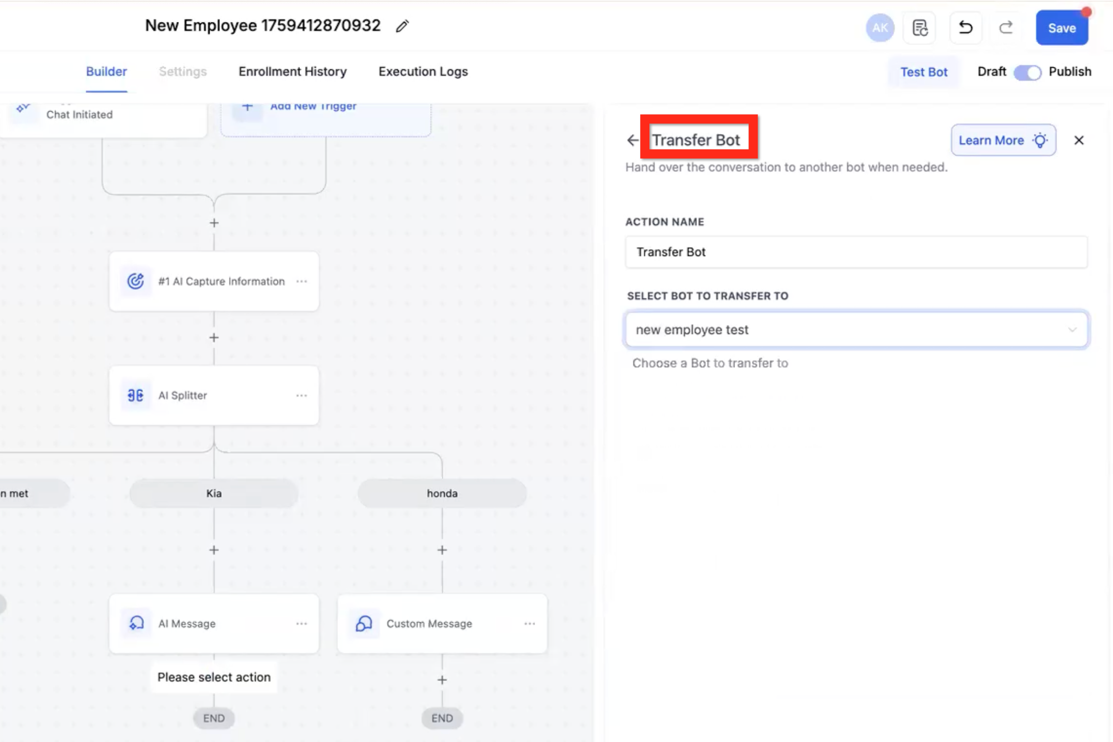 Conversation AI Flow Builder – AI Action - Transfer Bot