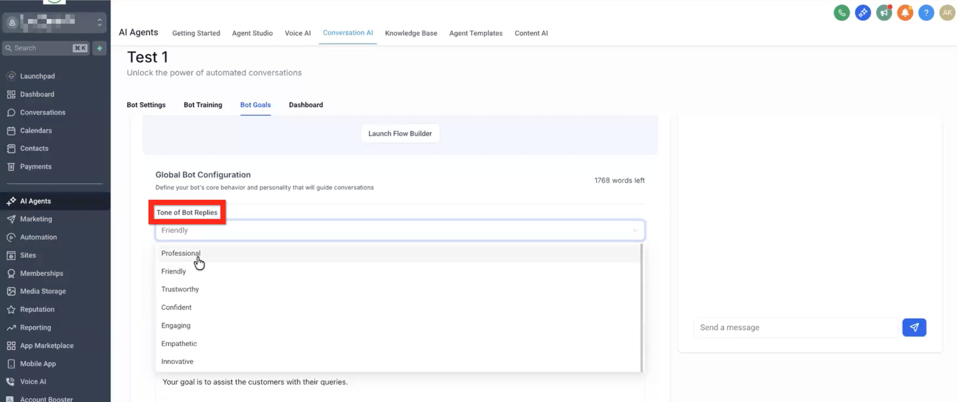 Conversation AI Flow Builder – Bot Goals