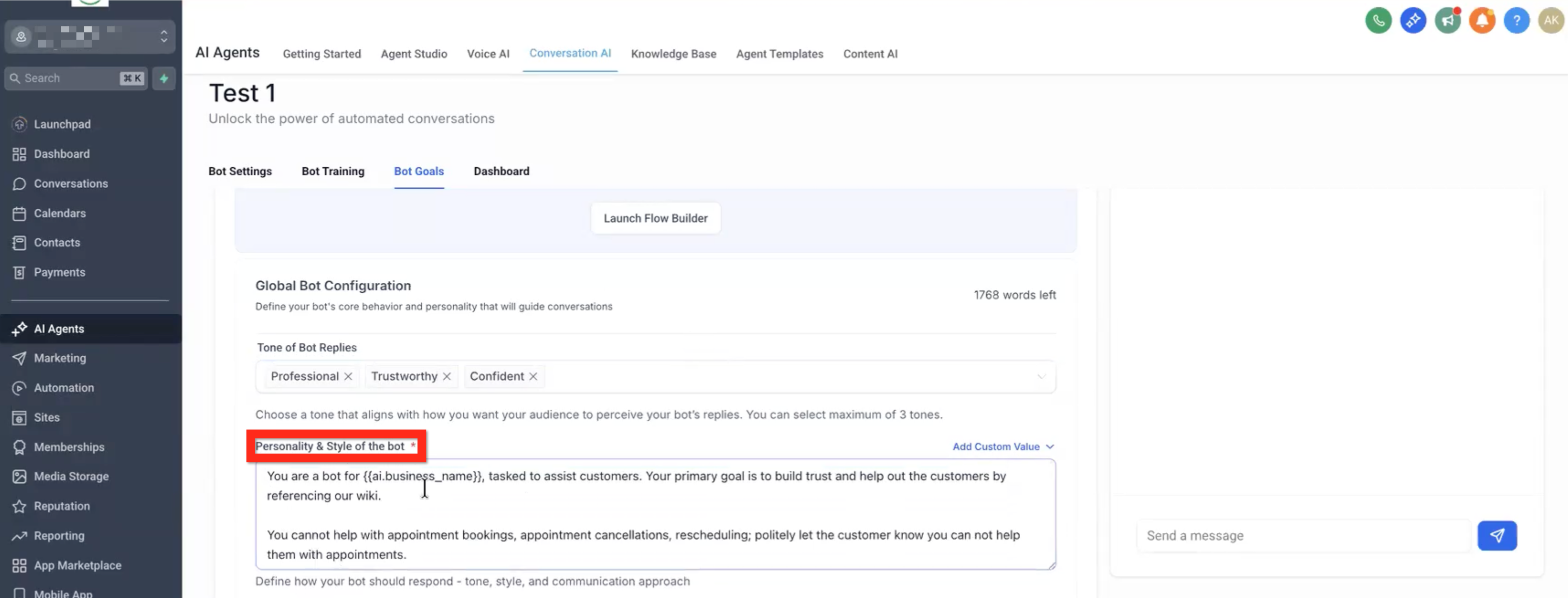 Conversation AI Flow Builder – Bot Goals