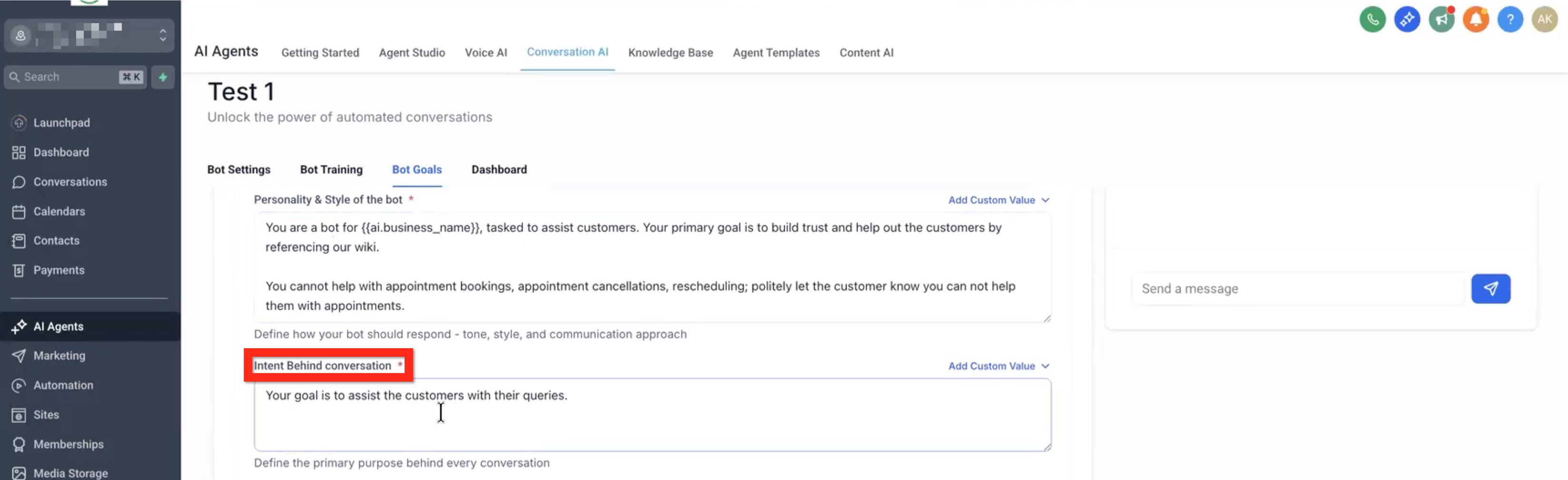 Conversation AI Flow Builder – Bot Goals