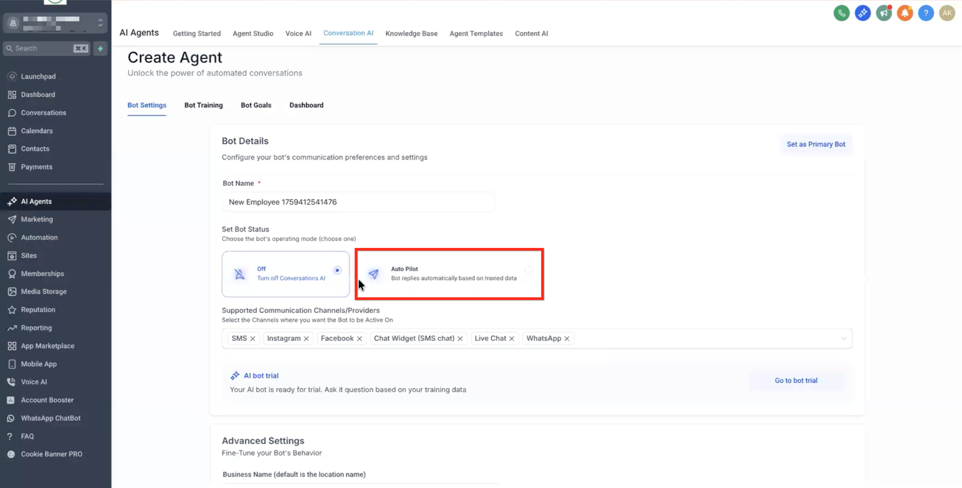 Conversation AI Flow Builder – Bot Settings