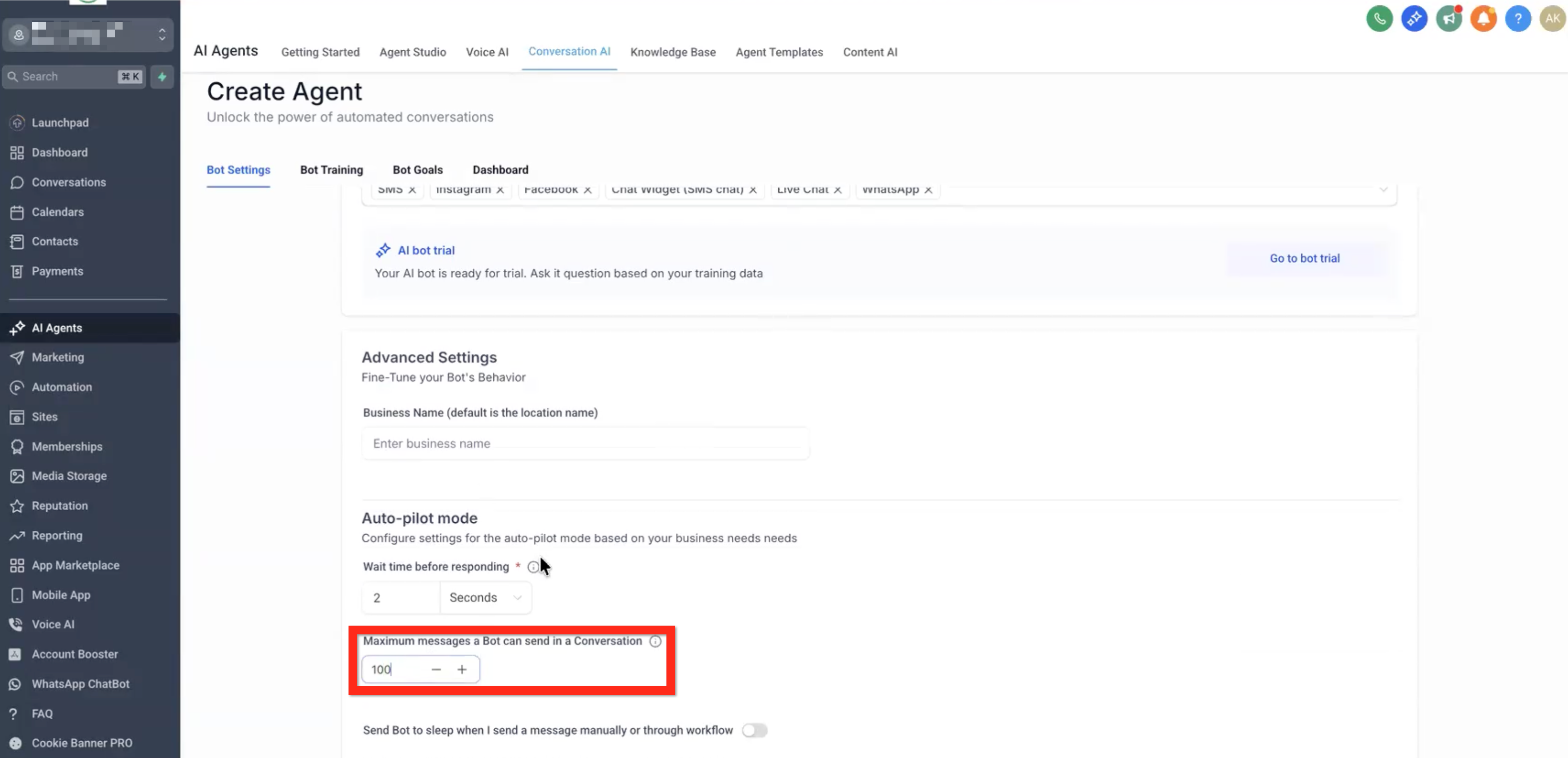 Conversation AI Flow Builder – Bot Settings