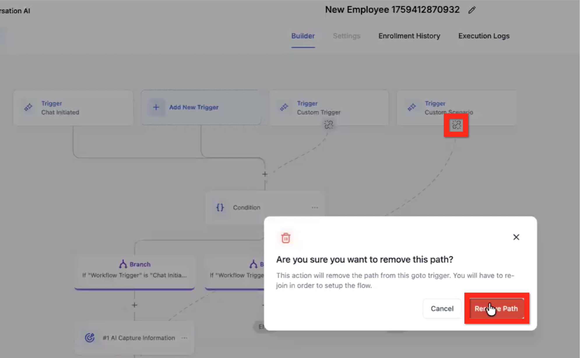 Conversation AI Flow Builder – Change Custom Trigger Path