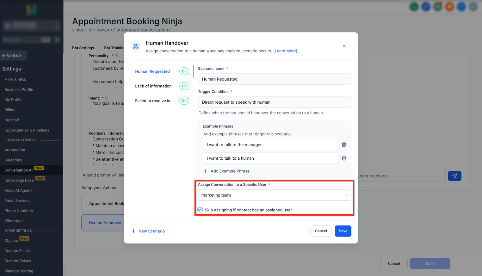 Conversation AI – Human Handover Action – 1. Assign Conversation to a User