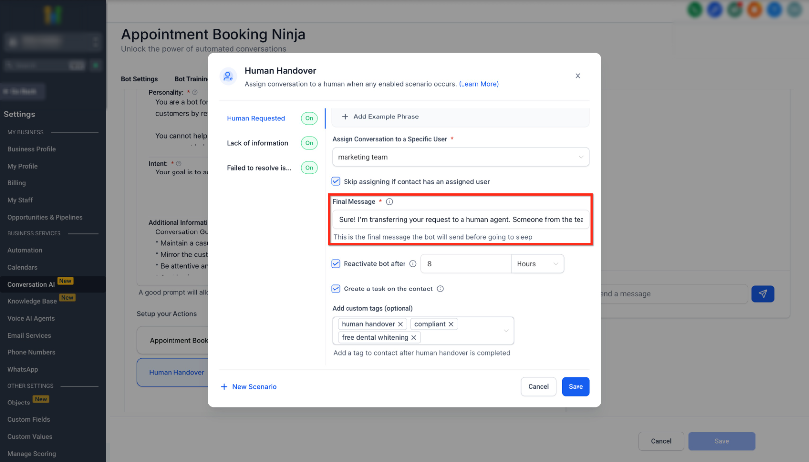 Conversation AI – Human Handover Action – 2. Final Message