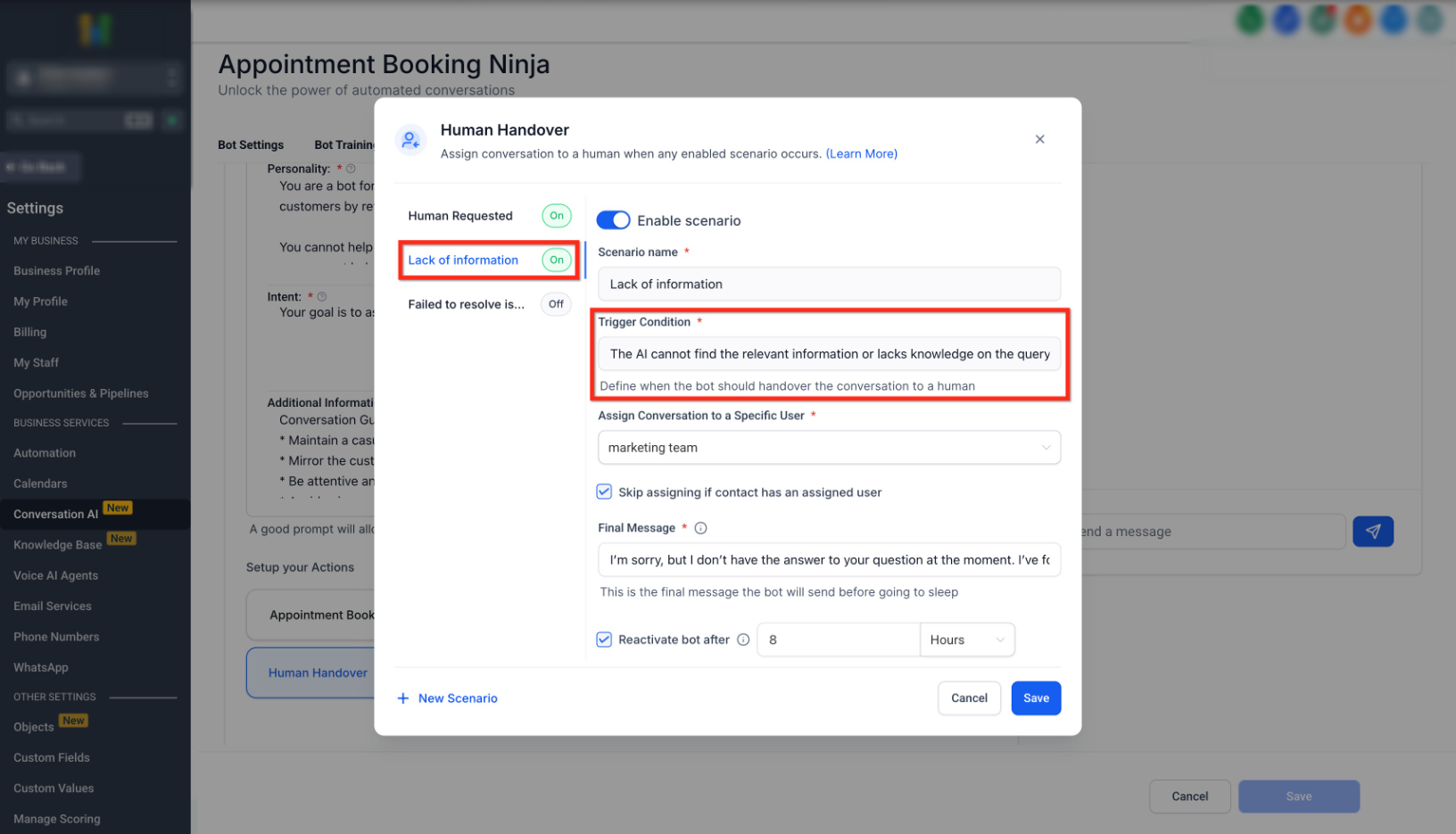 Conversation AI – Human Handover Action – 2. Lack of Information