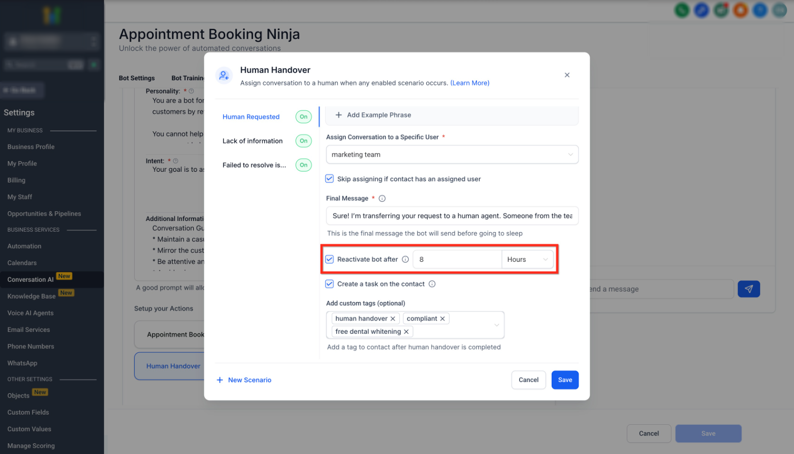 Conversation AI – Human Handover Action – 3. Bot Pause Behaviour