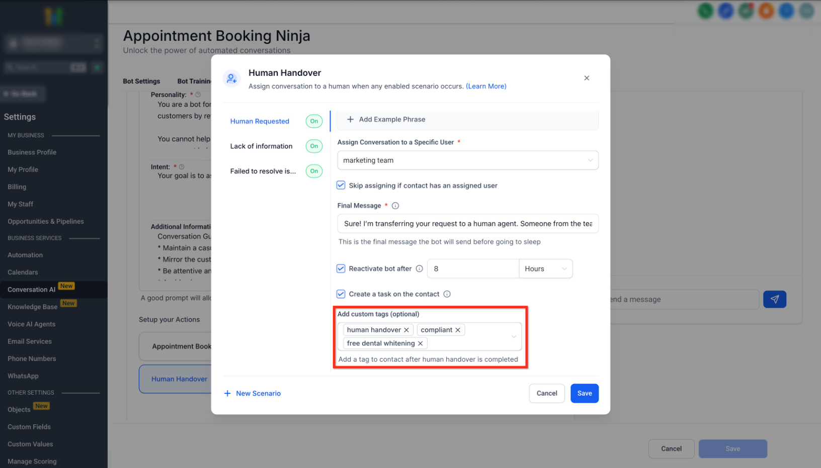 Conversation AI – Human Handover Action – 5. Create Tags