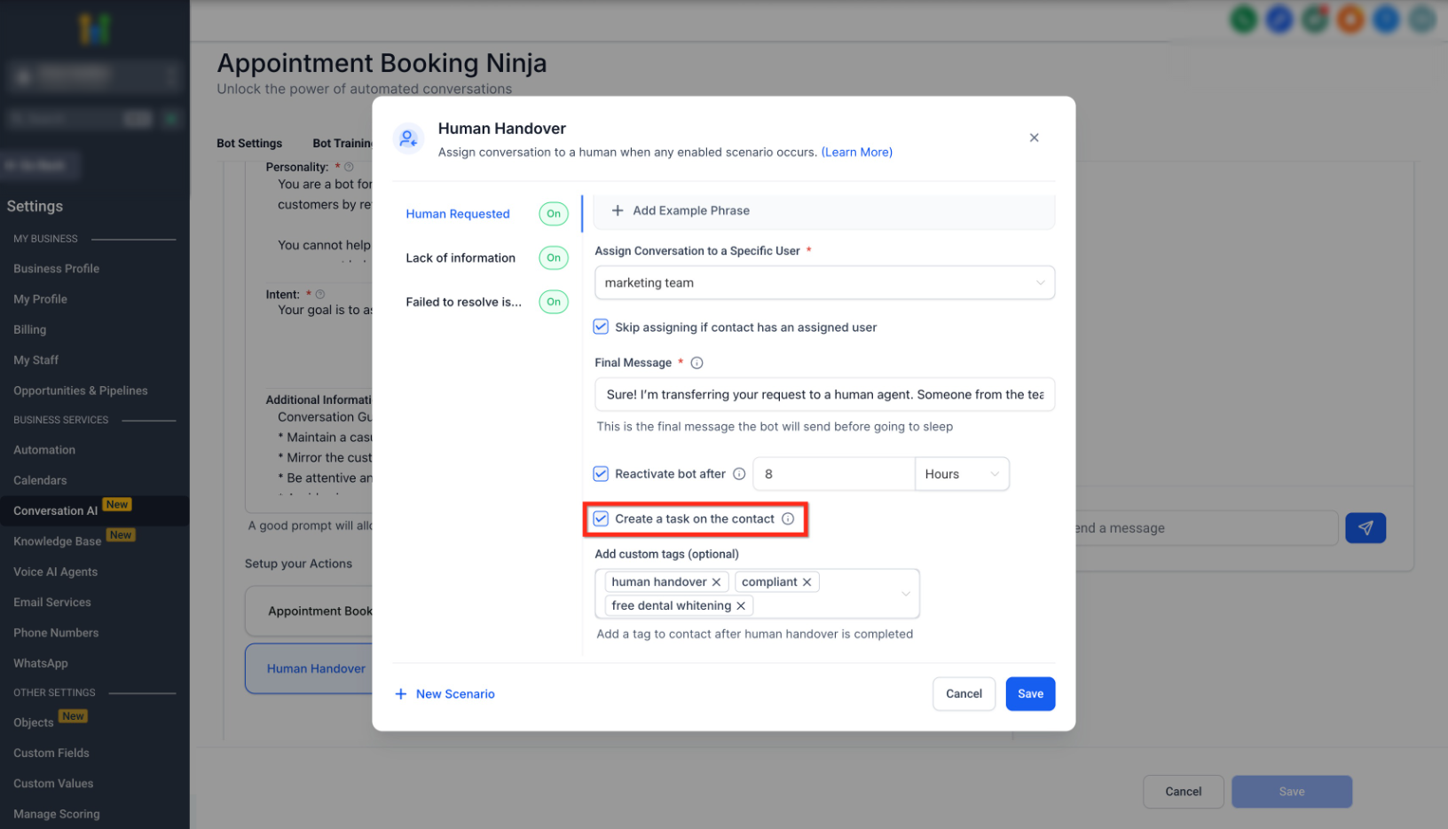 Conversation AI – Human Handover Action – A task will be created within the contact when human handover is triggered.