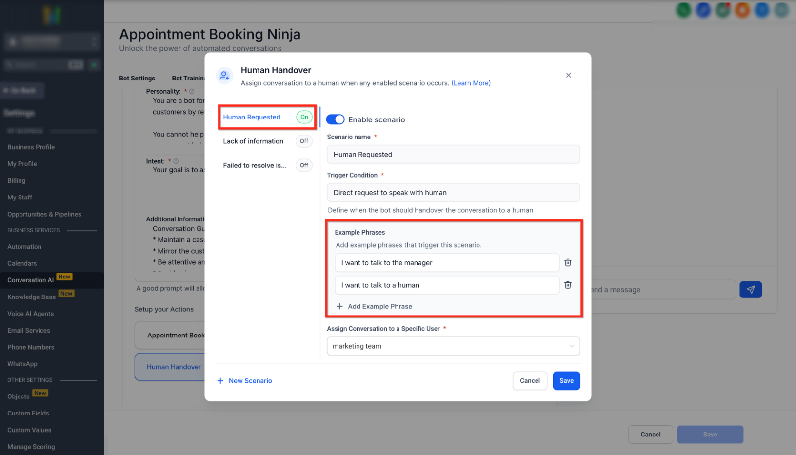 Conversation AI – Human Handover Action – Click on the + Add Example Phrase button to add custom phrases.