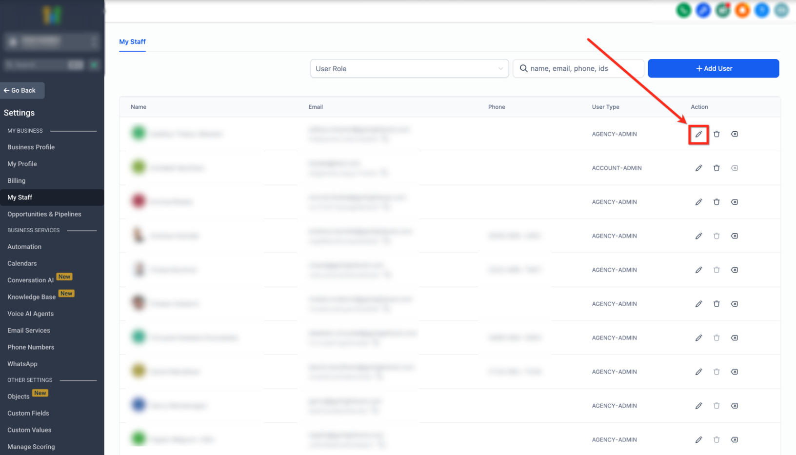 Conversation AI – Human Handover Action – Click on the My Staff tab.