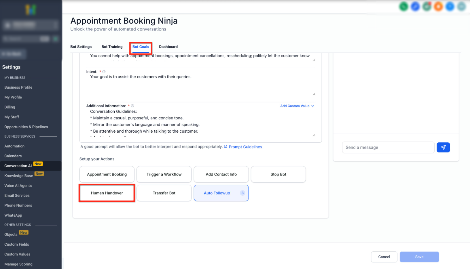 Conversation AI – Human Handover Action – Step 1: Navigate to Bot Goals