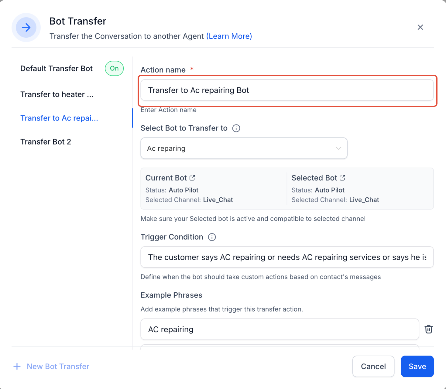 Conversation AI – Transfer Bot Action – How to Configure the Transfer Bot Action
