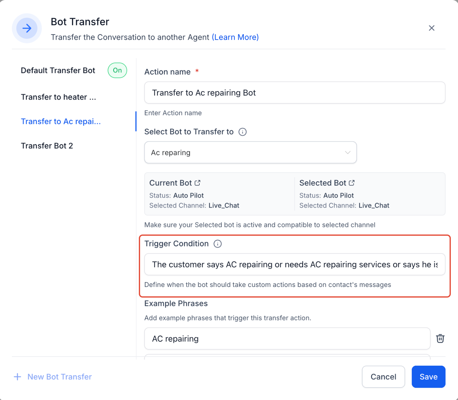 Conversation AI – Transfer Bot Action – How to Configure the Transfer Bot Action