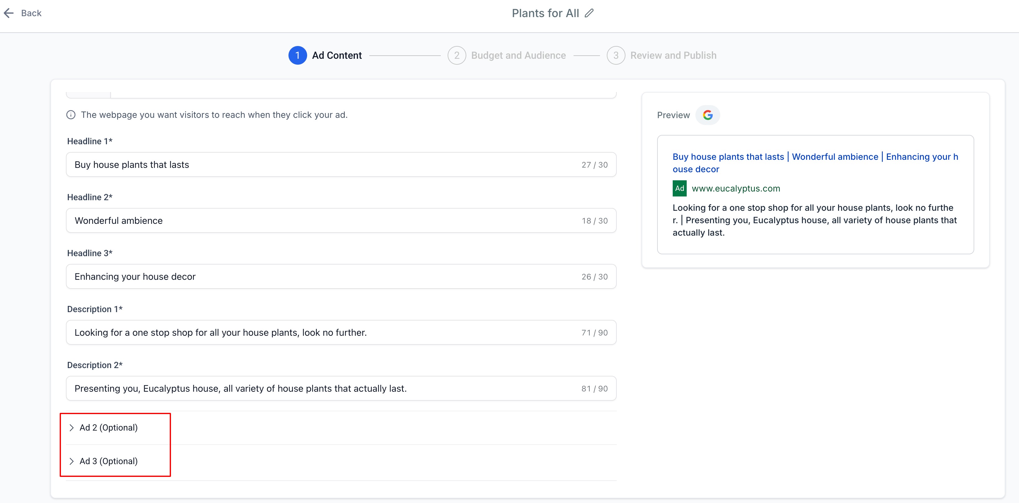 Create a new Google Search Ad Campaign – Step 2 | Ad Content