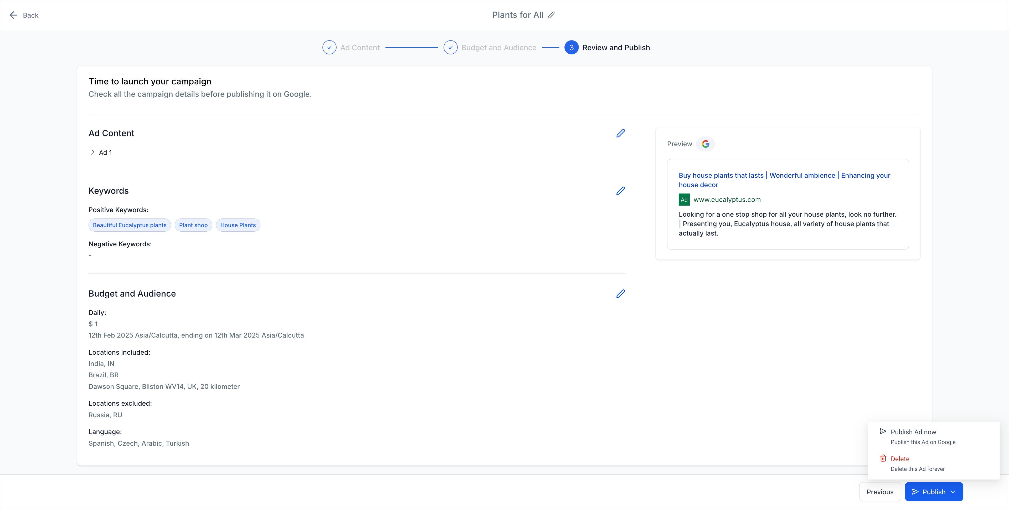 Create a new Google Search Ad Campaign – Step 4 | Review and Publish