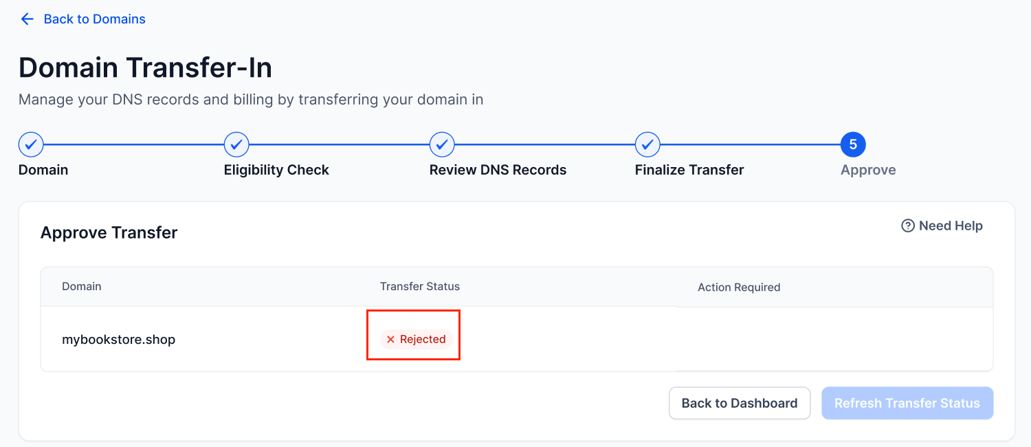 Domain Transfer In – Approve Transfer – If the Transfer Is Rejected