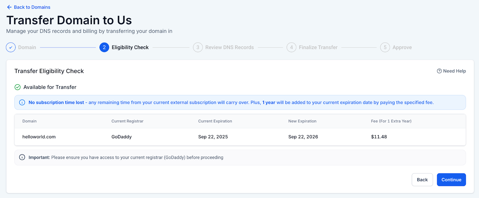 Domain Transfer-In Overview – Step 2: Eligibility Check