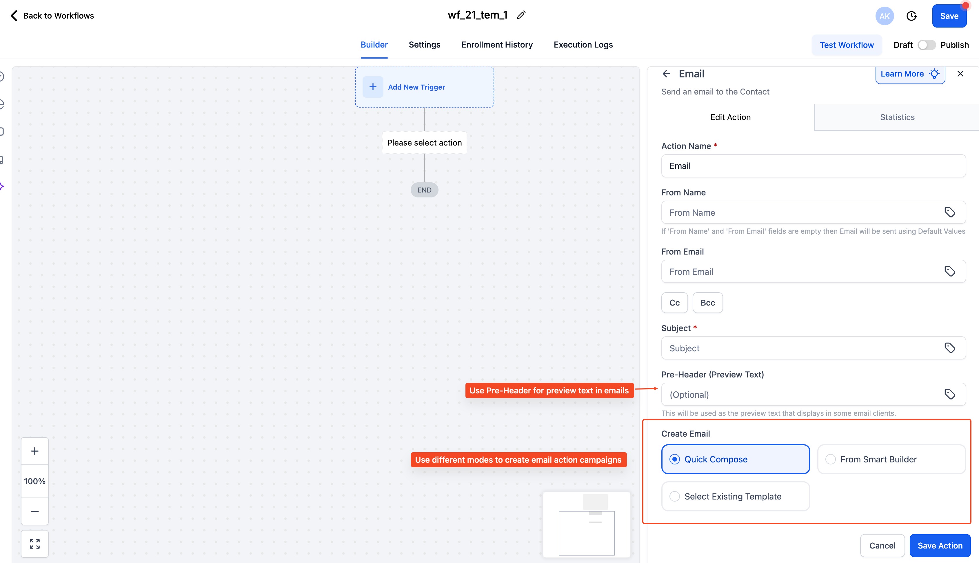 Email Actions UI for Workflows – Step 3: Choose how to Start
