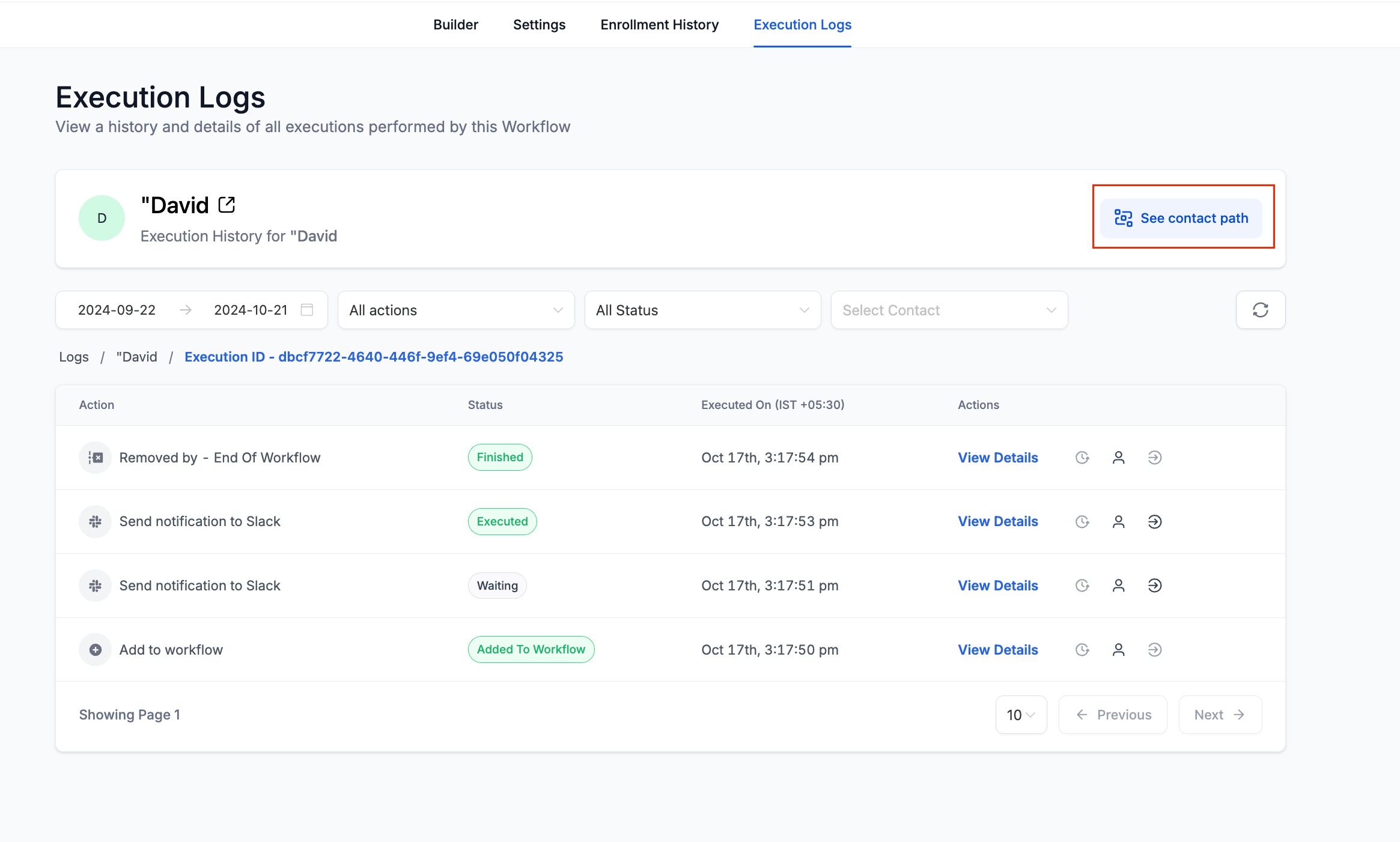 Execution Logs & Enrolment History Enhancements – Highlight Contact Path