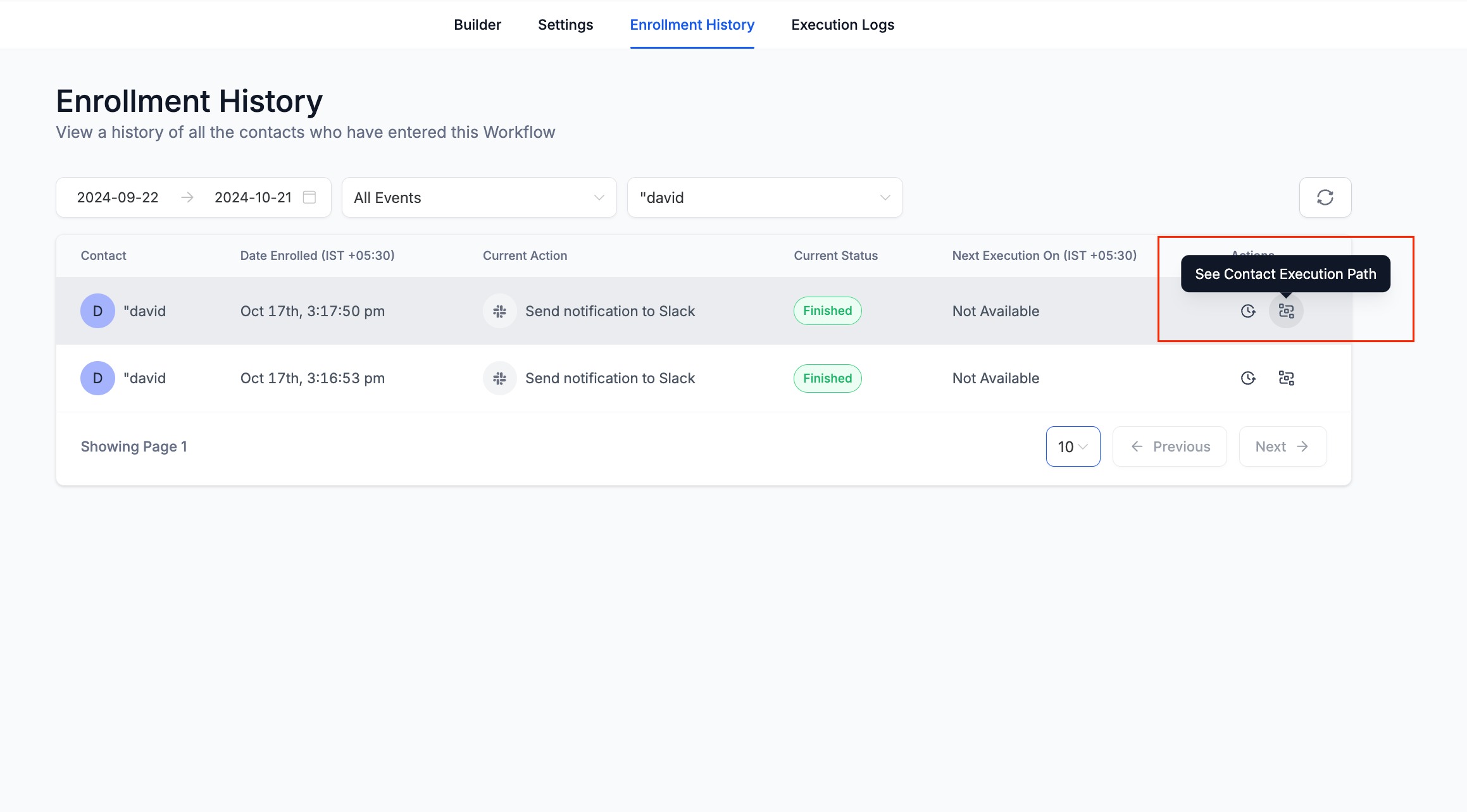 Execution Logs & Enrolment History Enhancements – Highlight Contact Path