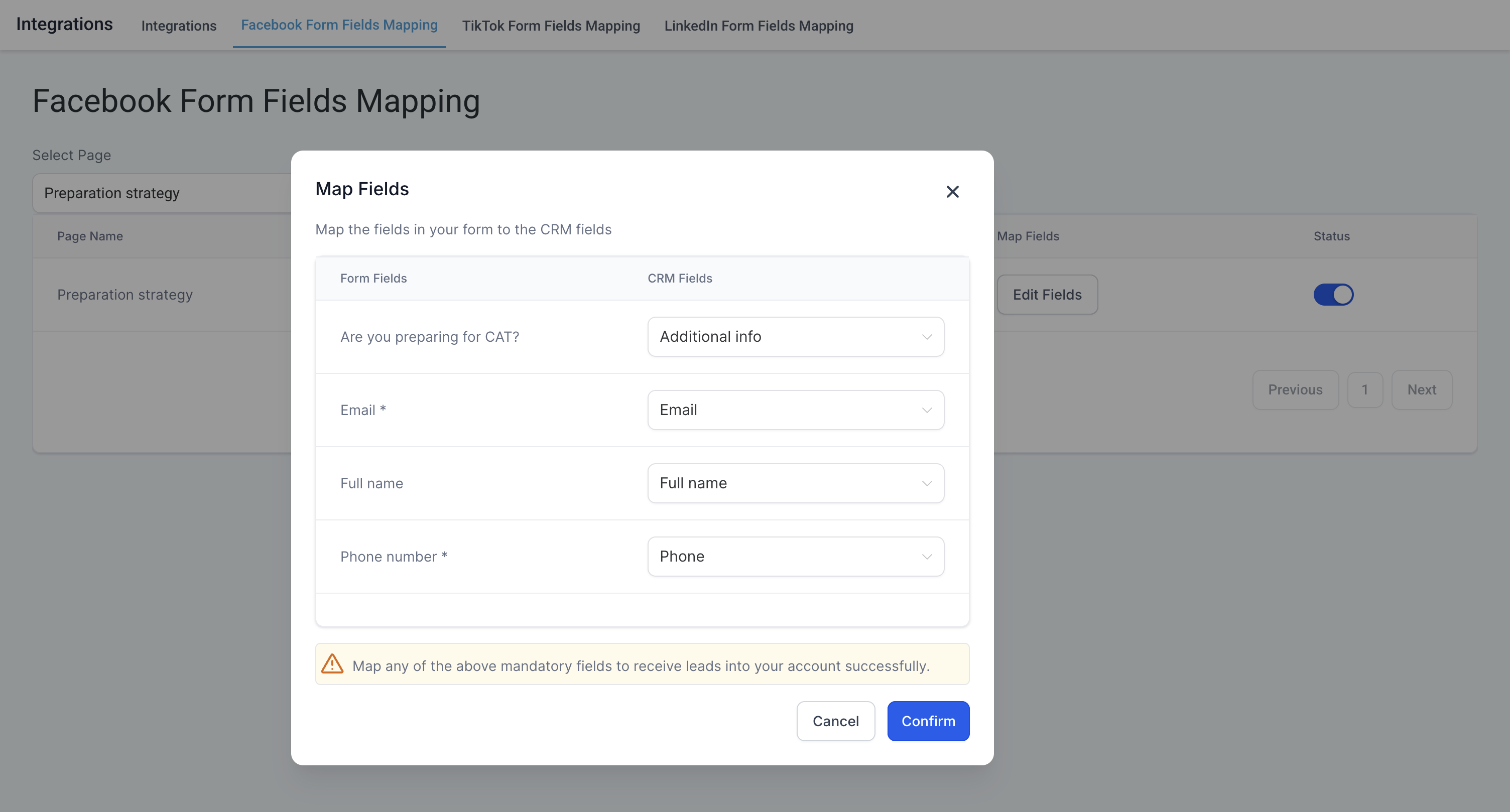 Facebook form field mapping – P.S. The field type in facebook form should match the field type in CRM.