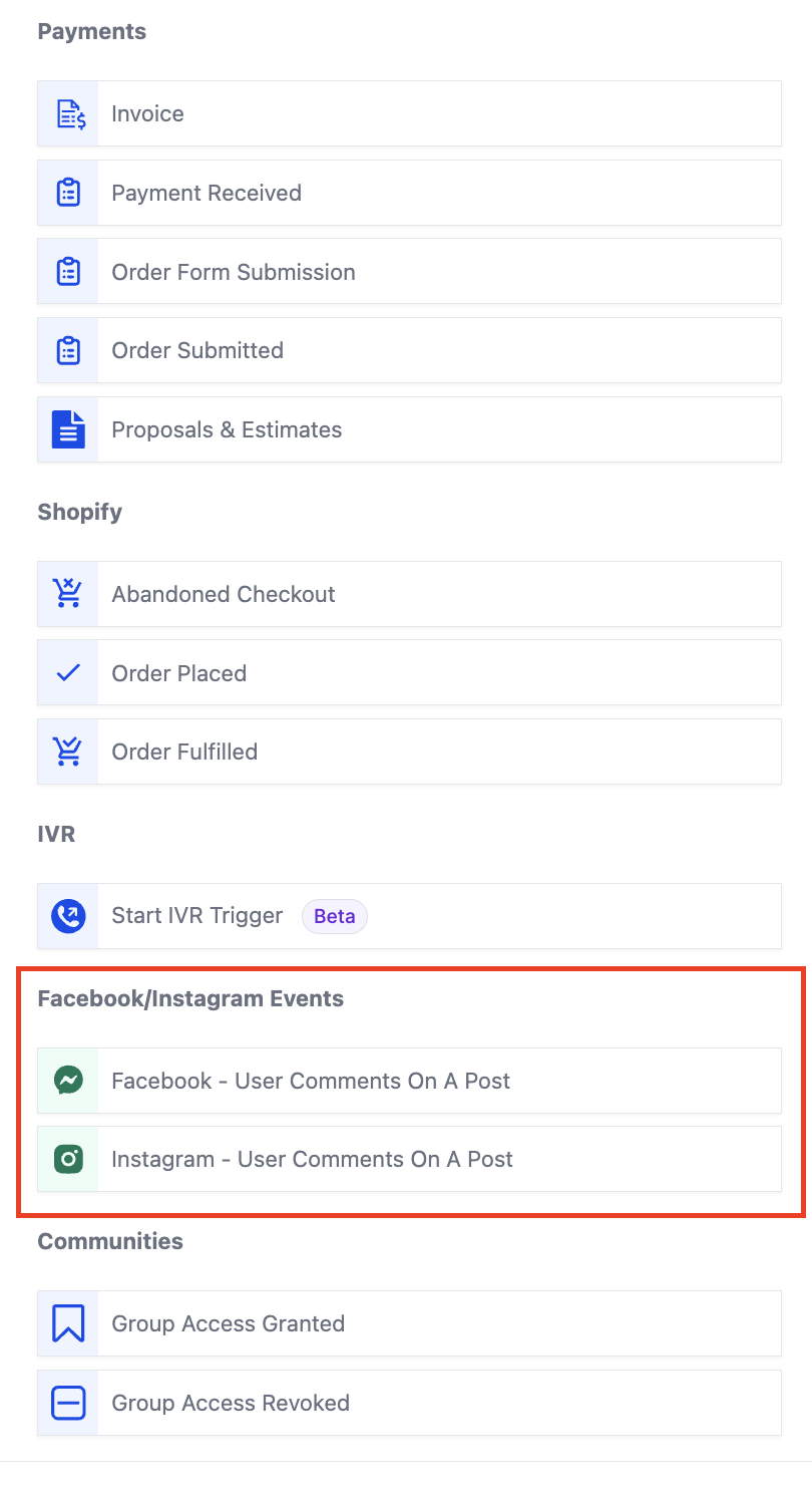 Facebook / Instagram – User comments on a Post trigger – 1. New Triggers