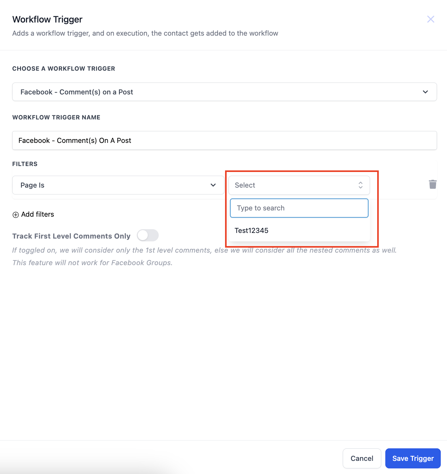 Facebook / Instagram – User comments on a Post trigger – 2. Page is