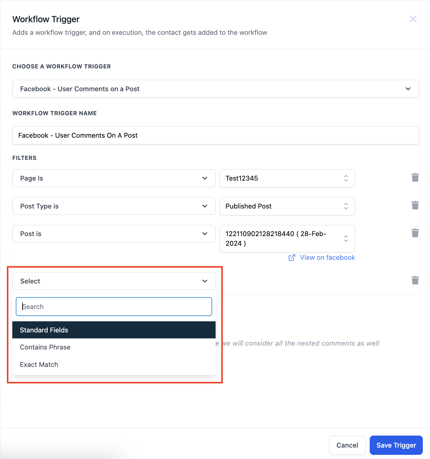 Facebook / Instagram – User comments on a Post trigger – 4. Comment Phrase/Word
