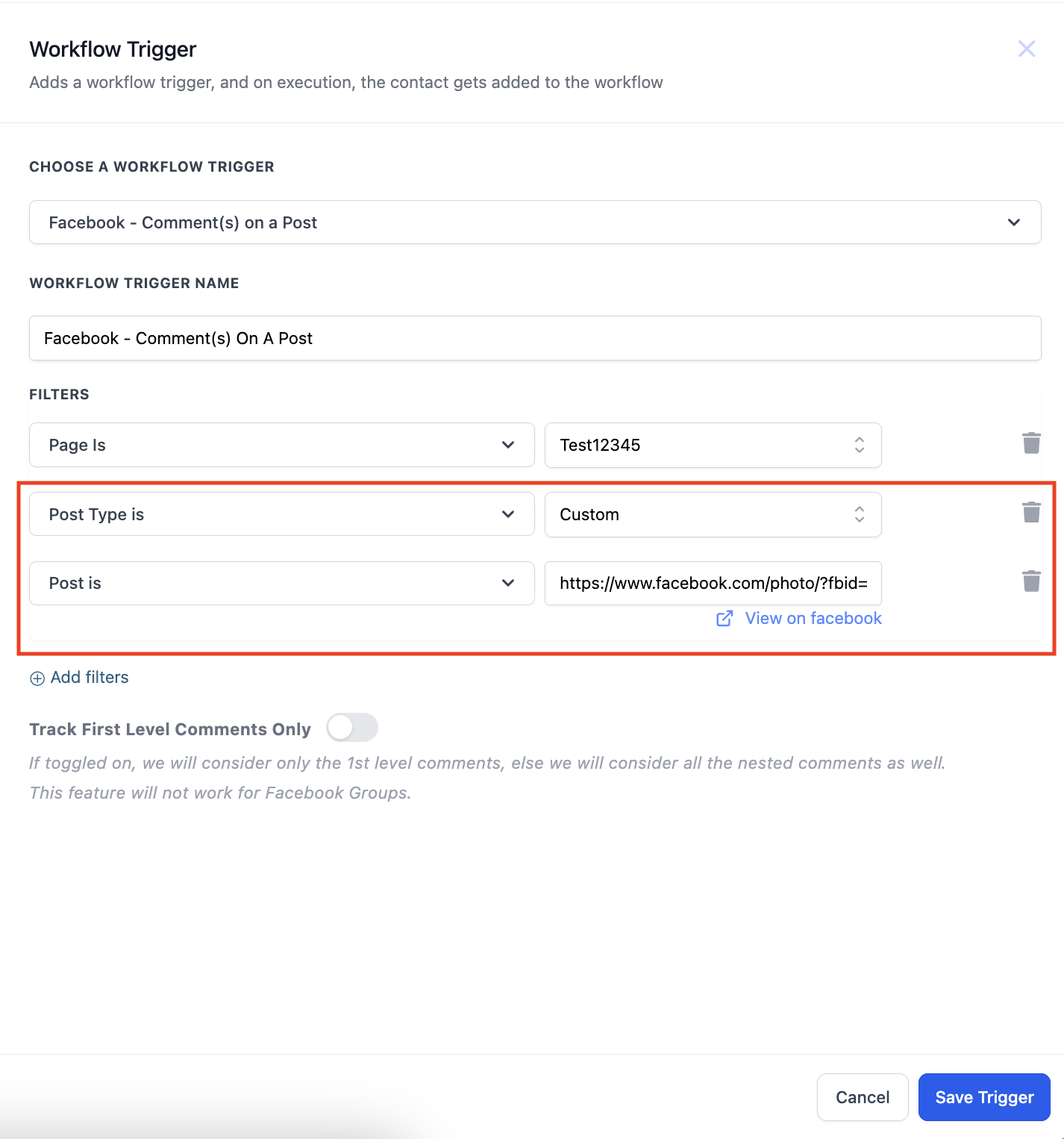 Facebook / Instagram – User comments on a Post trigger – b. Custom Post