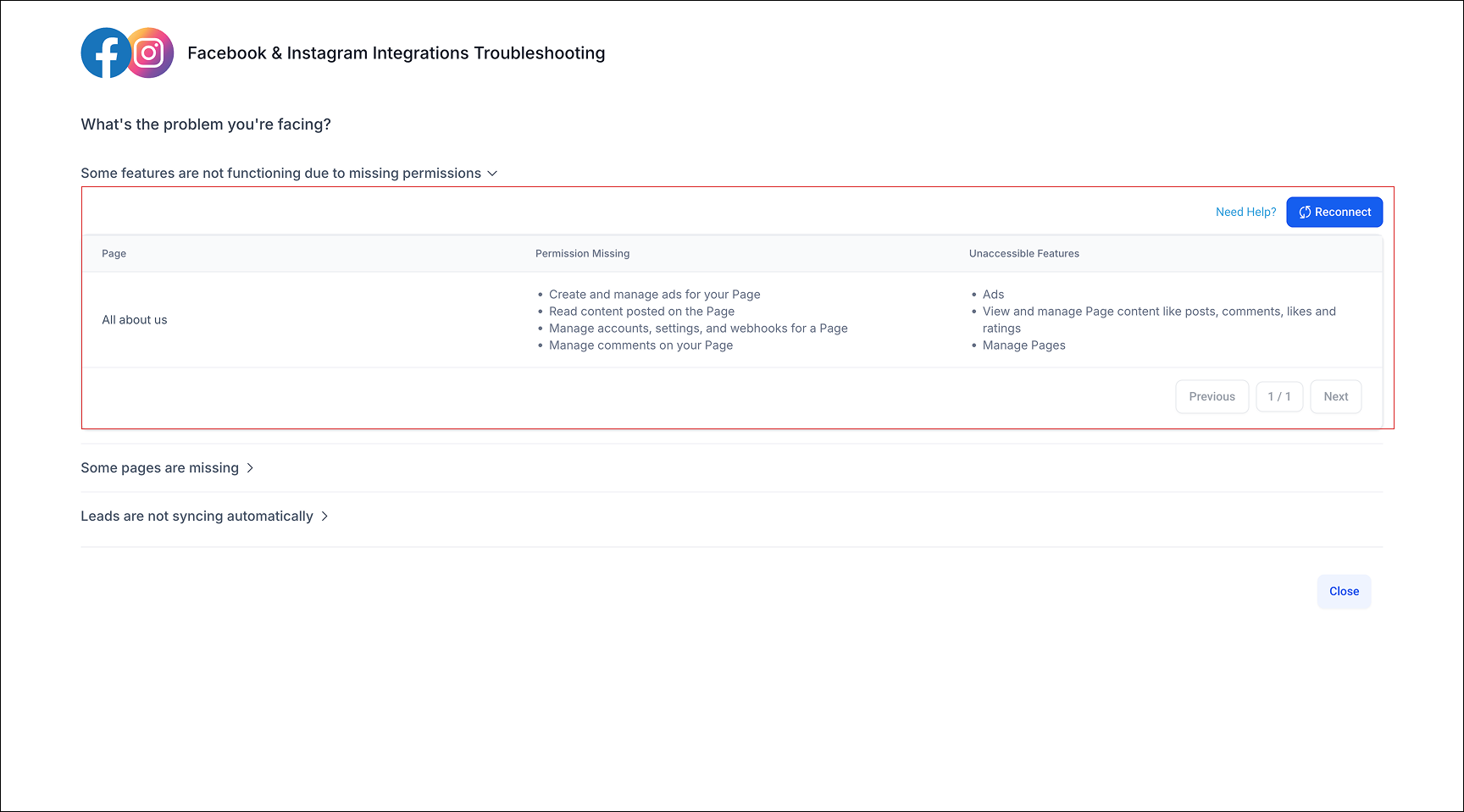 Facebook multi page setup guide – To perform basic troubleshooting or Sync leads manually: