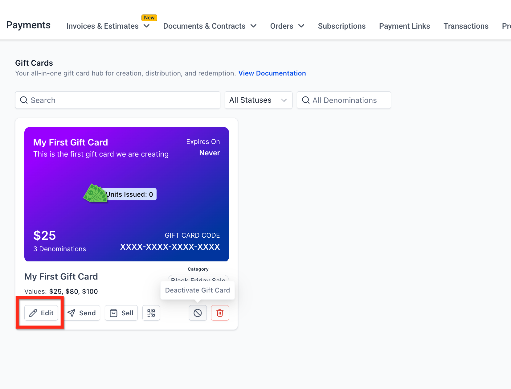 Getting Started with Gift Cards – Editing, Archiving and Deactivating Gift Cards