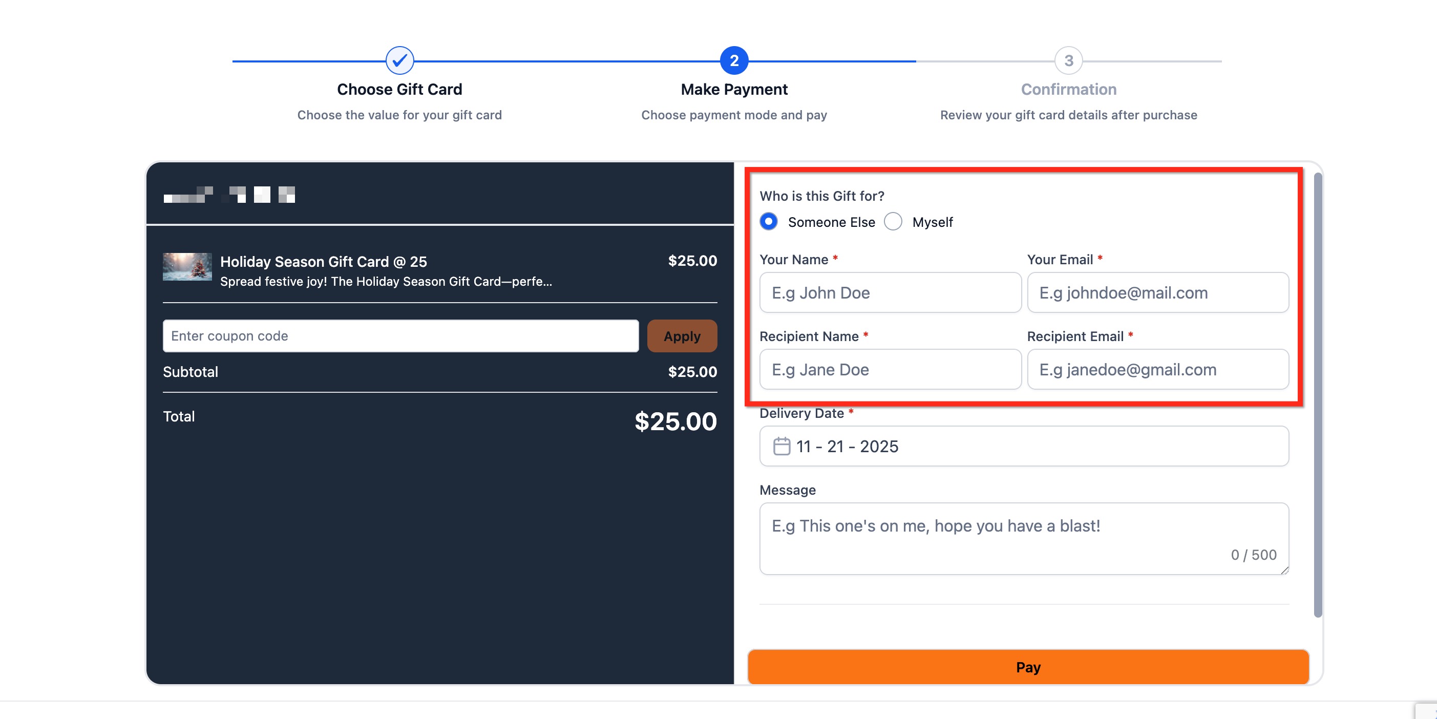 Getting Started with Gift Cards – Step 2: Select Who the Gift Card is For