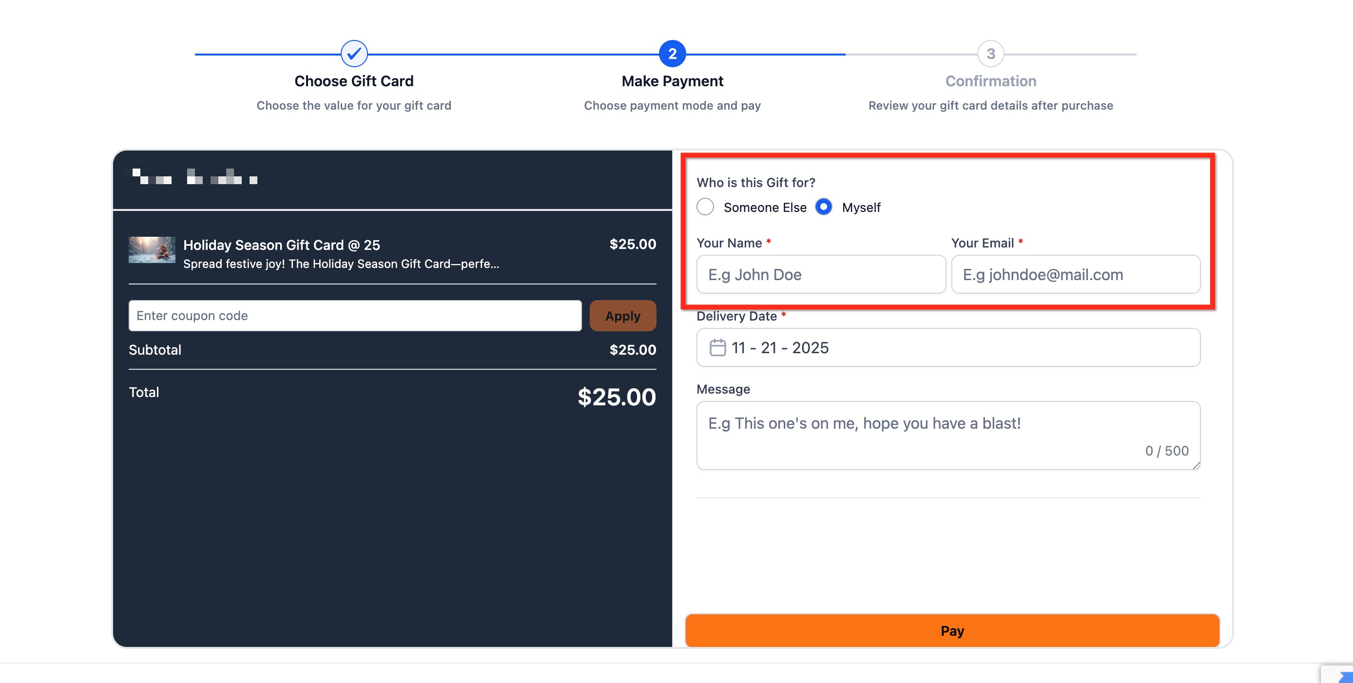 Getting Started with Gift Cards – Step 2: Select Who the Gift Card is For