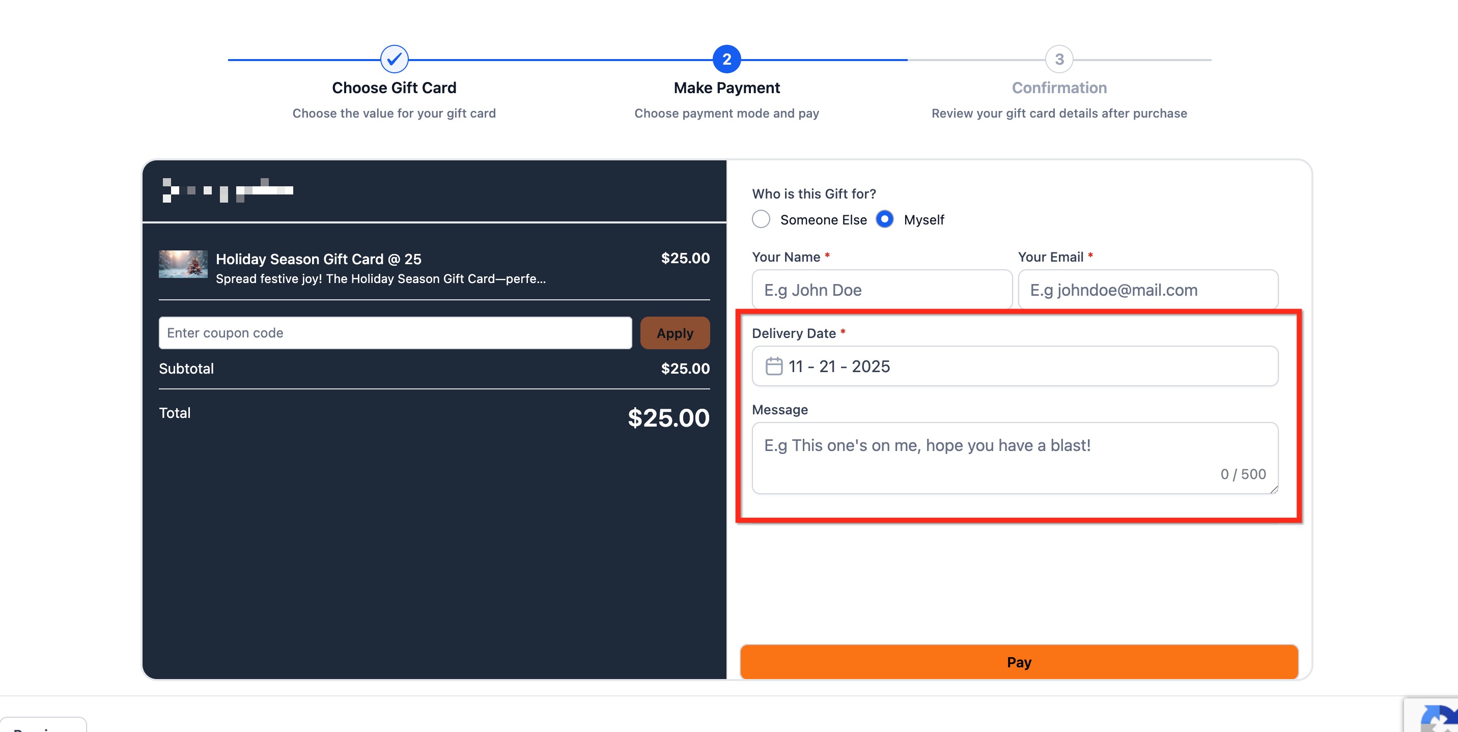 Getting Started with Gift Cards – Step 3: Add Delivery Date