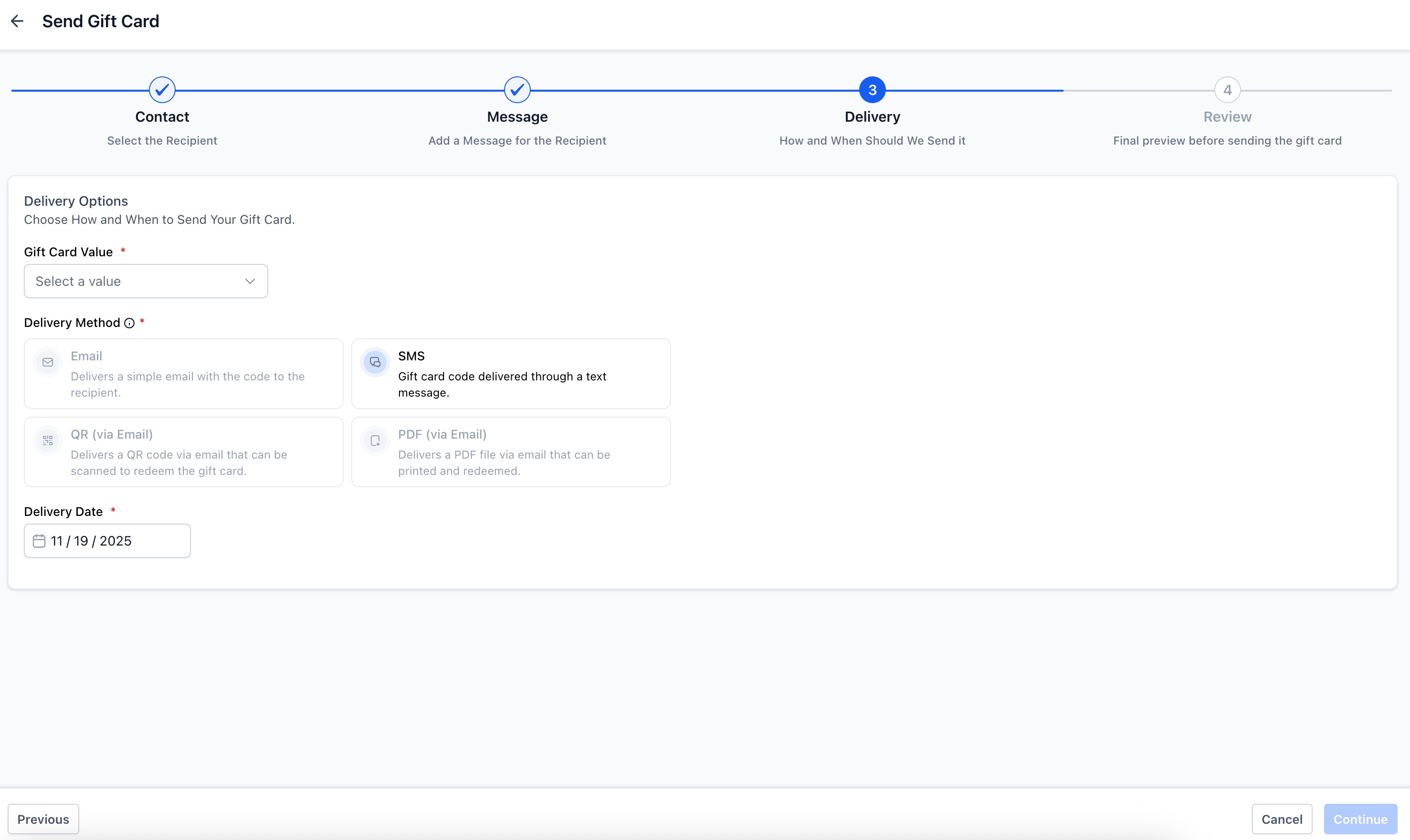 Getting Started with Gift Cards – Step 4: Select Denomination and Delivery Method