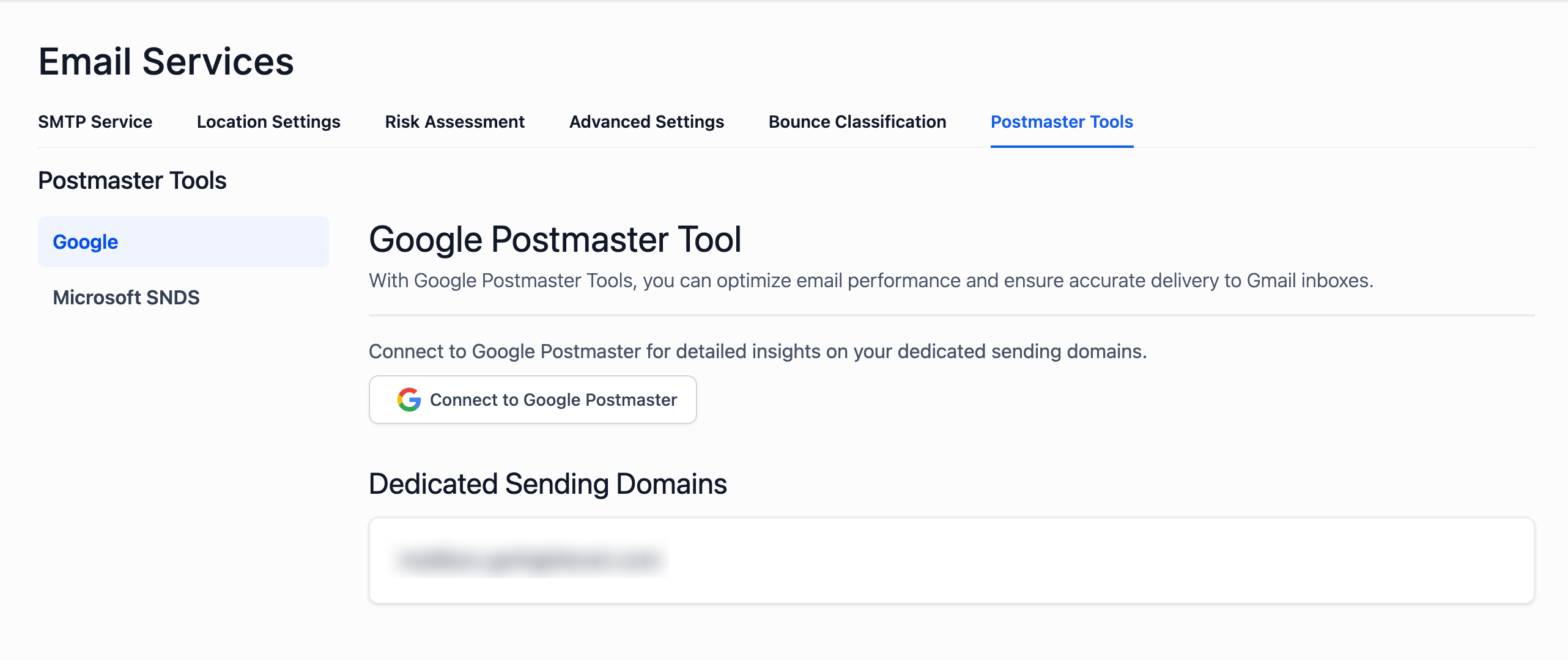 Google Postmaster Tools – Connect to Google Postmaster button on the Email Services page