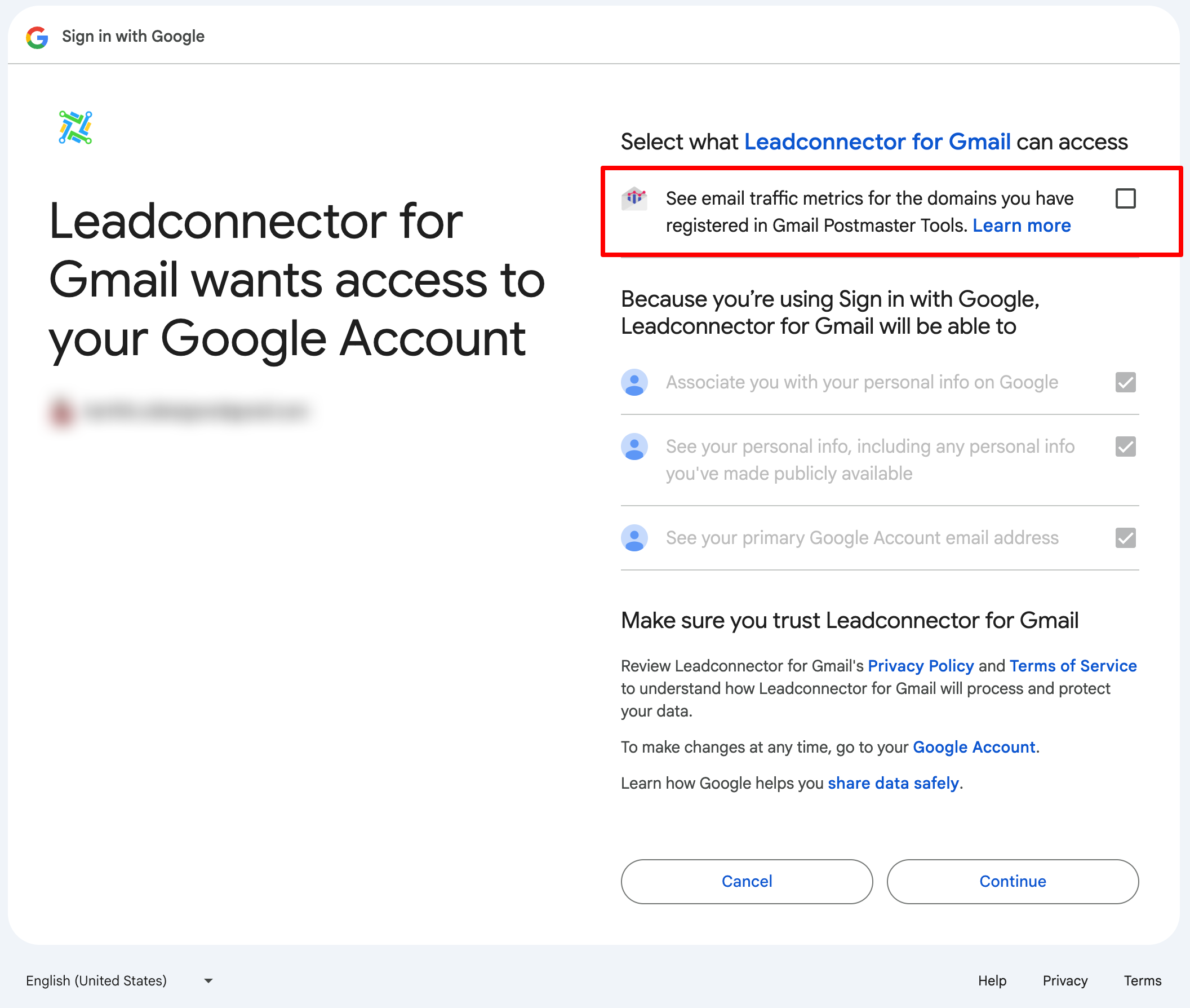 Google Postmaster Tools – Grant permission to read email traffic metrics from Postmaster Tools